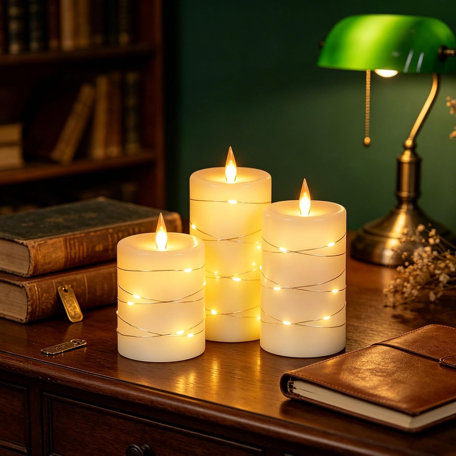 Da by 3 Pack Ivory Real Wax Flameless Taper Candles, Lifelike Flickering LED Flame Candles with Surrounding Copper