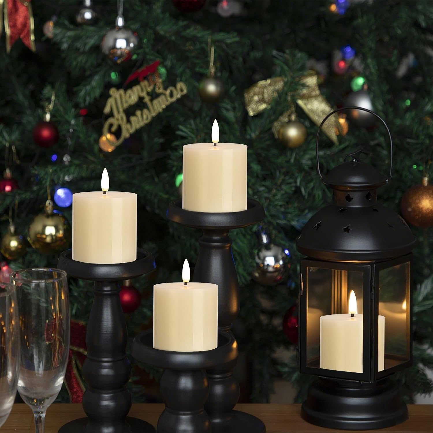 Flameless Pillar Candles, 3x3 Ivory Real Wax, Remote Timer, 3 Pack | Battery candles with timer and remote, adjustable
