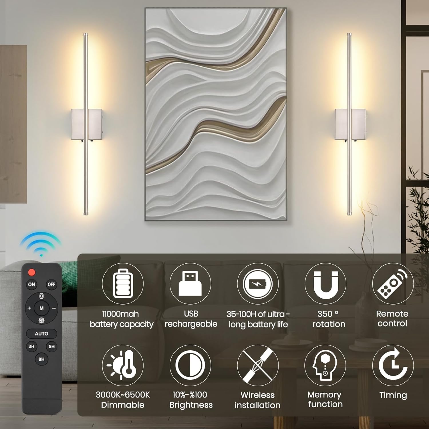 Wireless Battery Operated Wall Sconces, 11000mAh Rechargeable Brushed Nickel Wall Light with Remote Control, 350°Rotate