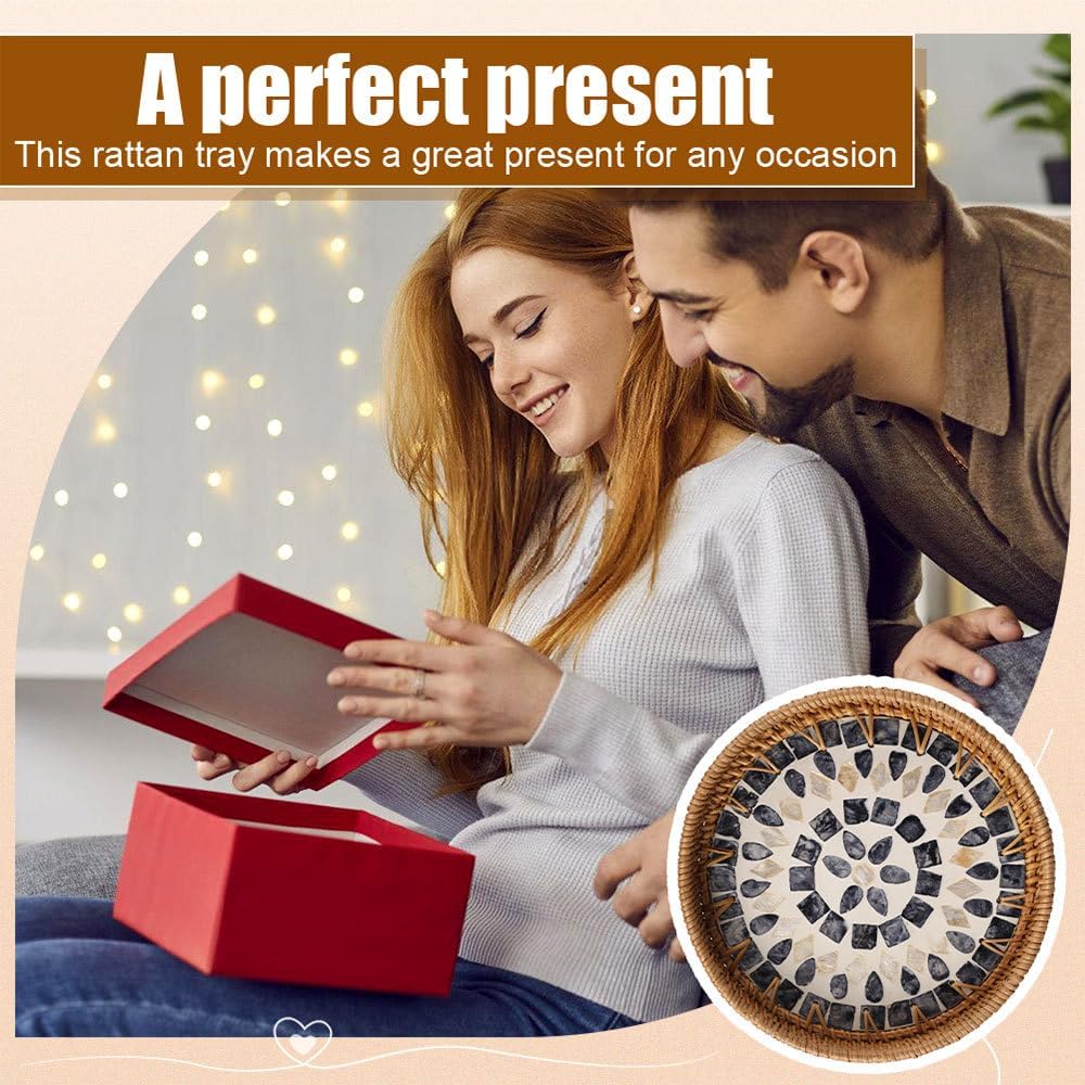 Round Rattan Tray / Mother of Pearl Inlay Aesthetic Wicker Jewelry Dishes for Snacks Fruits