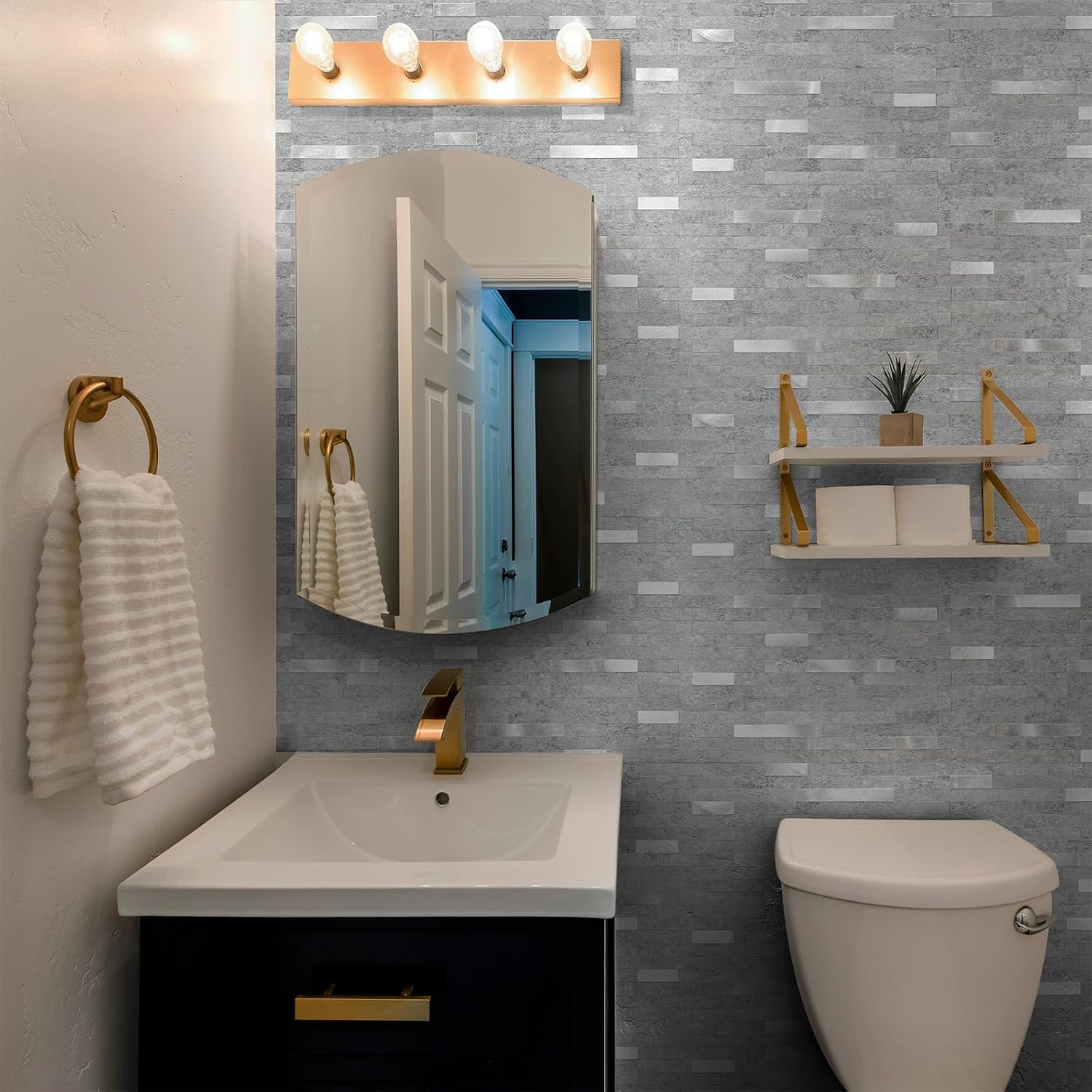 StyloVue 20 Sheets Peel and Stick Backsplash for Kitchen, Slate Gray with Metal Silver Look Stick on Tile Upgrade Your