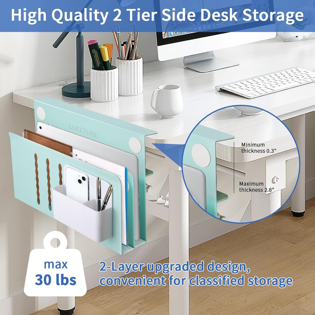 LUKETURE Desk Side Storage, 2 Tie Laptop Holder No Drill Clamp On Organizer | Steel Side Desk Organizer, Clamp on
