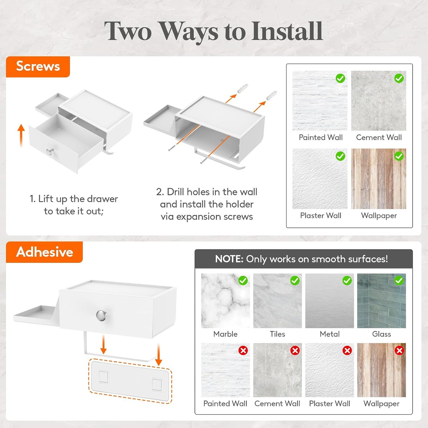 Lifewit Toilet Paper Holder Wall Mount with Shelf & Drawer, White, 2 Pack | Screw or adhesive installation, sturdy
