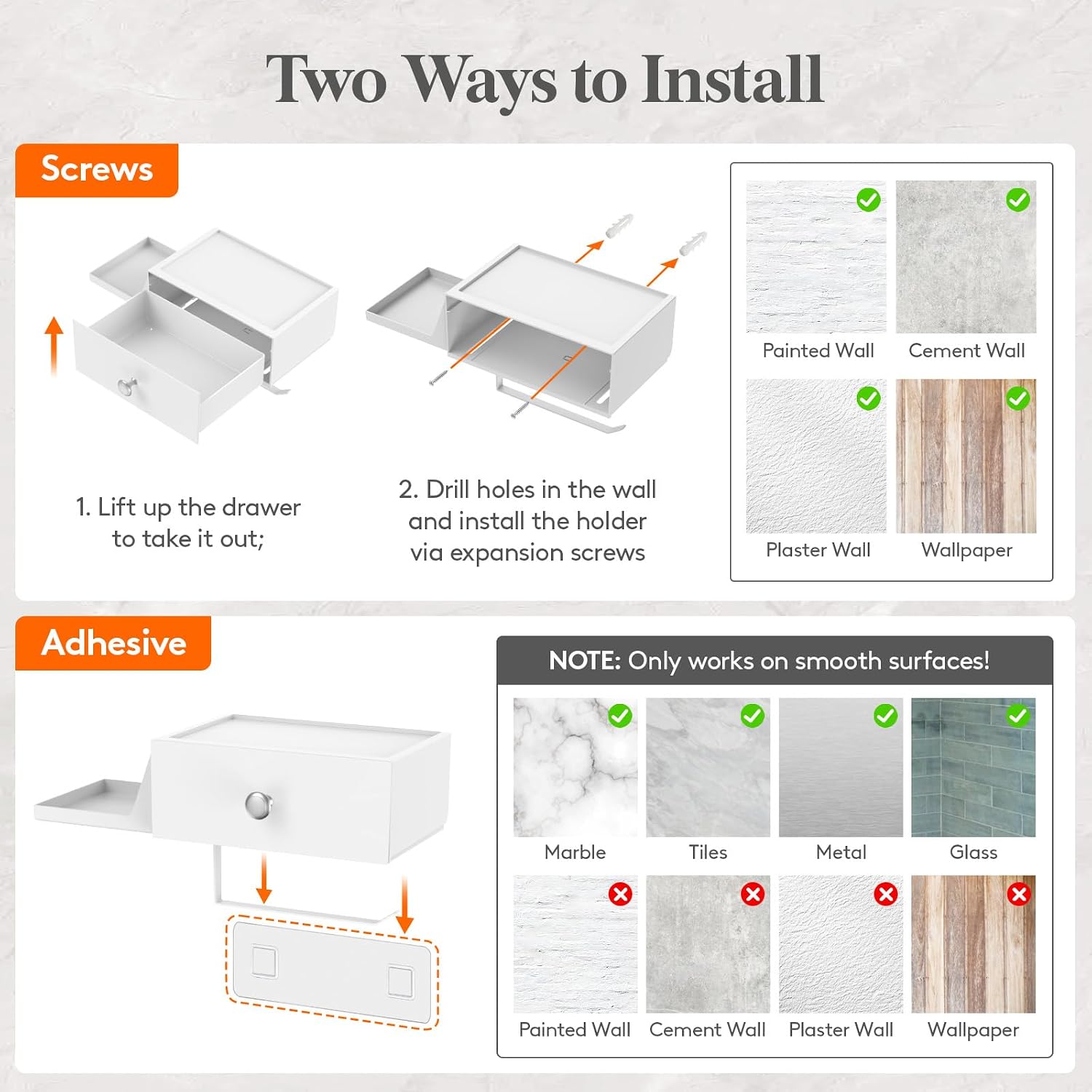 Lifewit Toilet Paper Holder Wall Mount with Shelf & Drawer, White, 2 Pack | Screw or adhesive installation, sturdy
