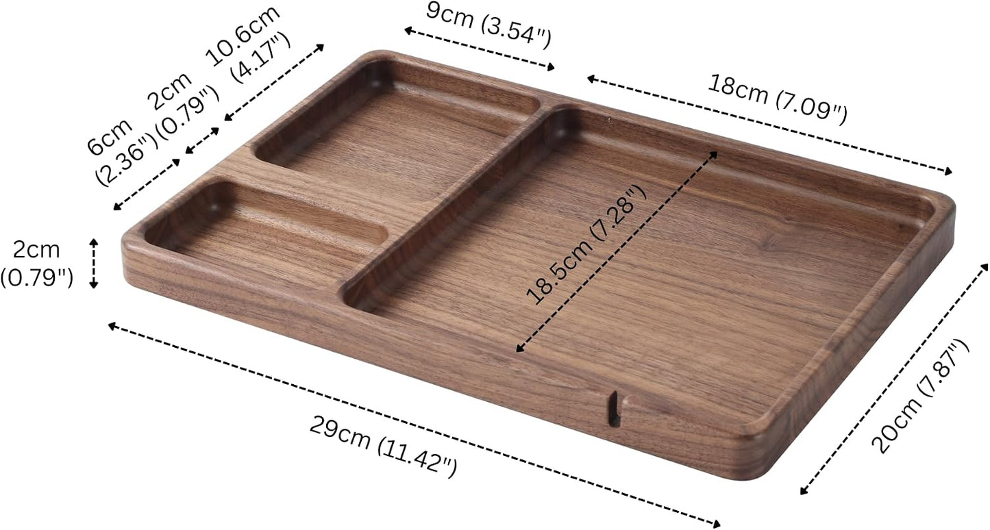 Walnut Wooden Valet Tray – Bedside Table Organizer for Men Dad, Edc Catch All Tray with Cable Slot (11.4 x 7.9 x 0.8
