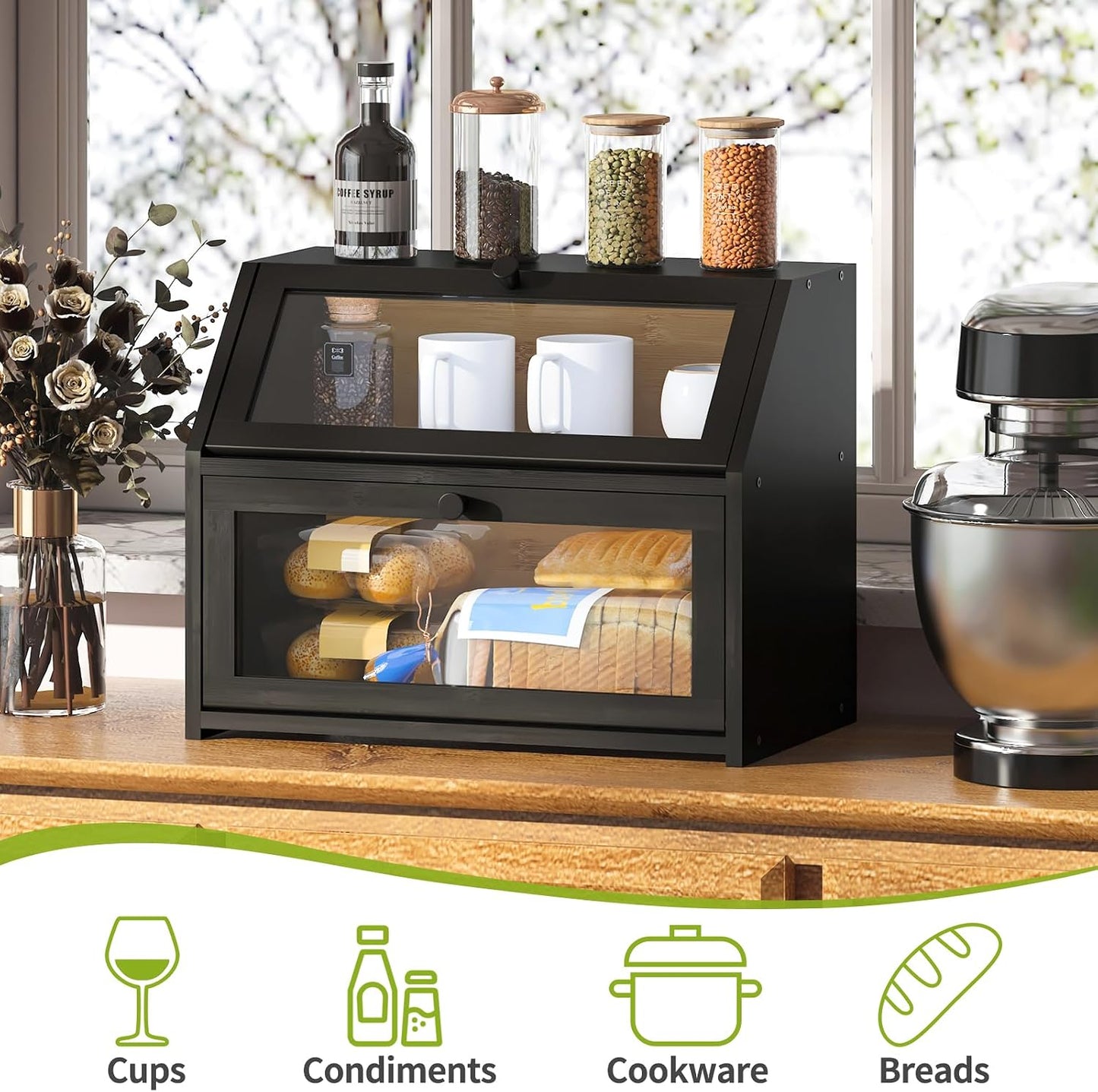 BMOSU Farmhouse Bread Box for Kitchen Countertop Bread box Double Layer Bamboo Wooden Extra Large Capacity Bin Kitchen