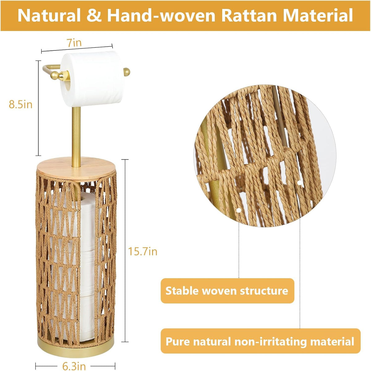 Freestanding Toilet Paper Holder with Storage,3 Rolls of Boho Toilet Paper Holder Stand with Lid,Gold Toilet Tissue