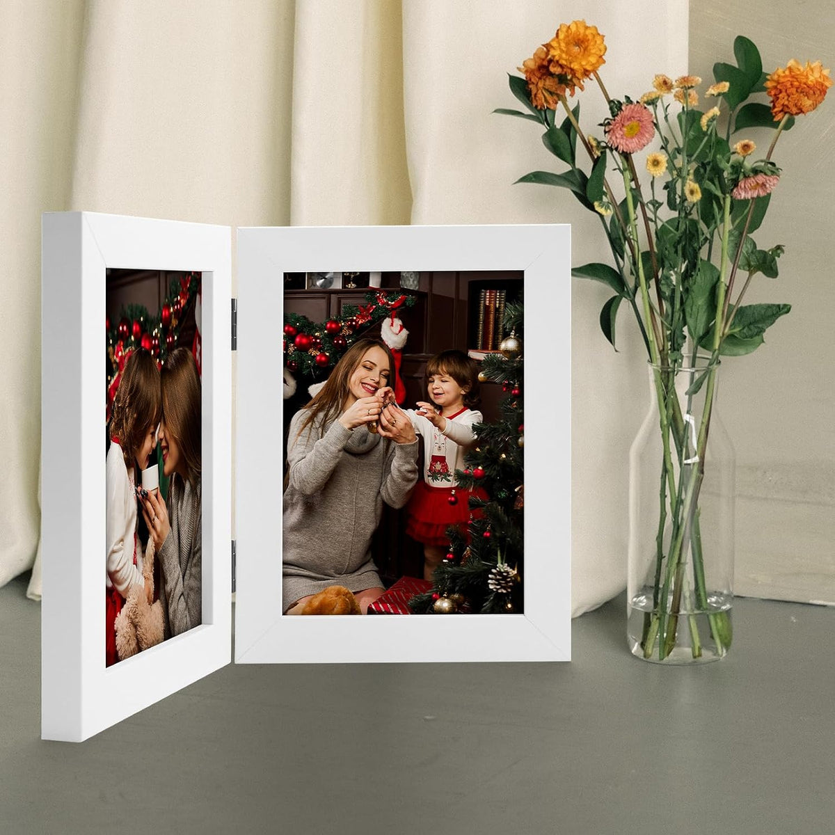 Frametory, 5x7 Double Picture Frame White, 10 Pack | Real Glass Front, Hinged 2 Photos Collage, Side by Side Standing