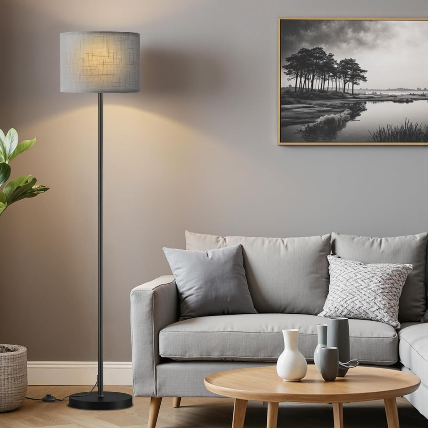 Ambimall 60'' Modern Floor Lamp with Shade, Tall Lamps for Living Room, Bedroom, Office, Dining Room, Linen Grey Shade