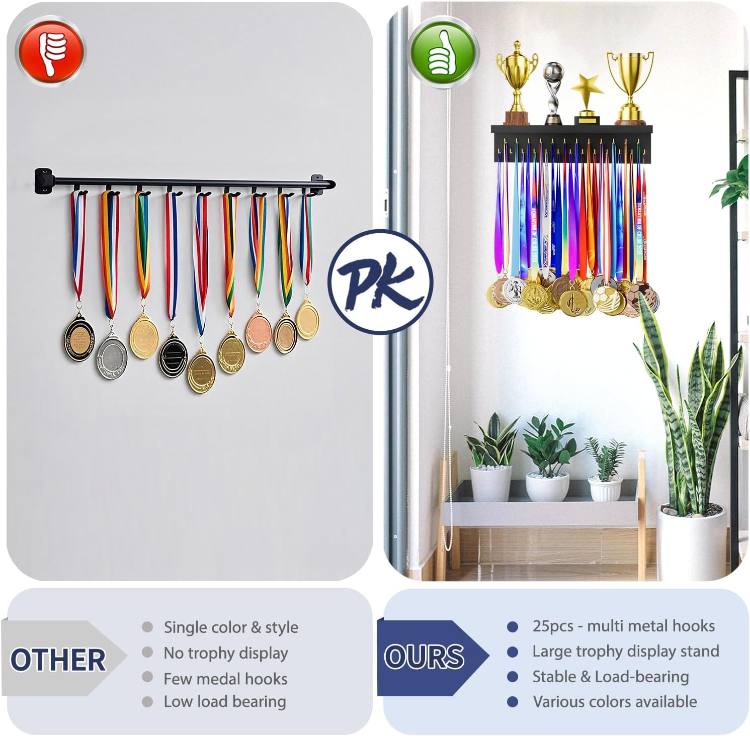 Medal Holder Display Trophy Shelf Organizer, Sturdy Wooden Race Award Hanger Rack with 25 Steel Hooks, Wall Mount