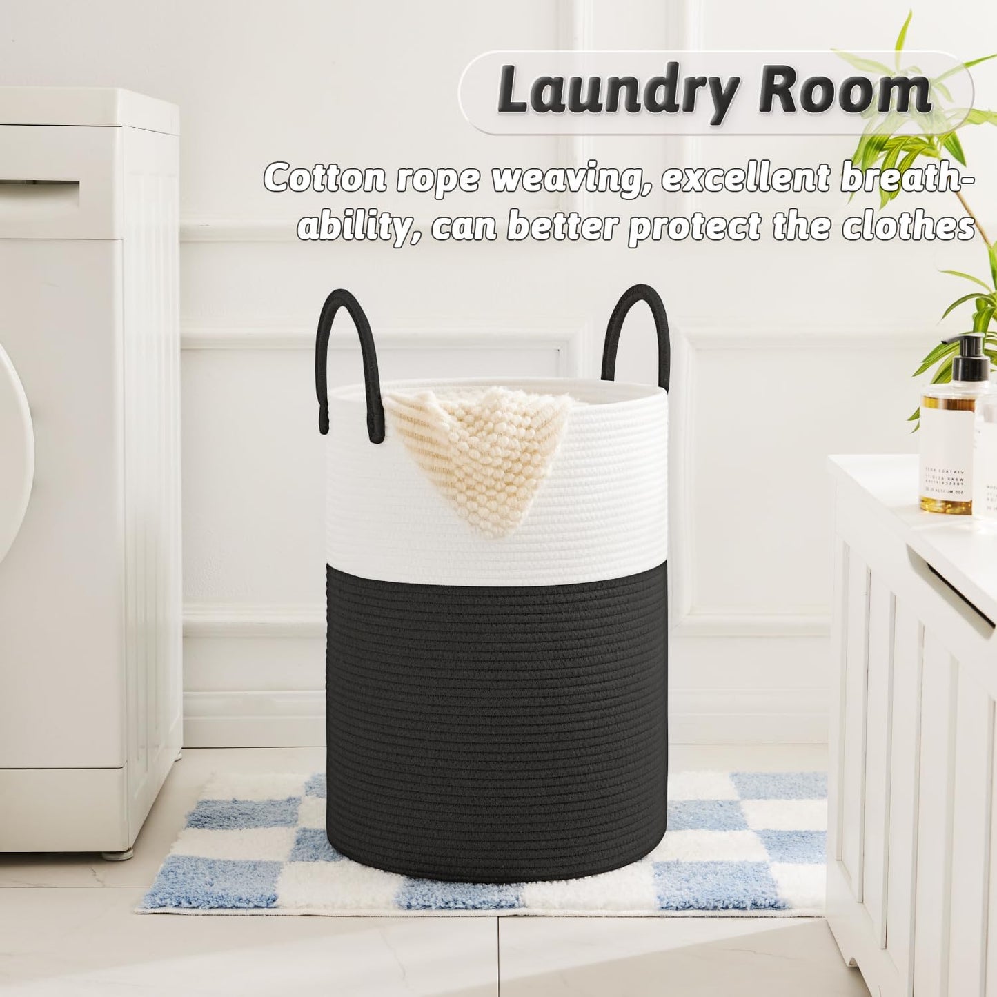 Laundry Basket / Woven Cotton Rope Laundry Hamper / Black / 60L