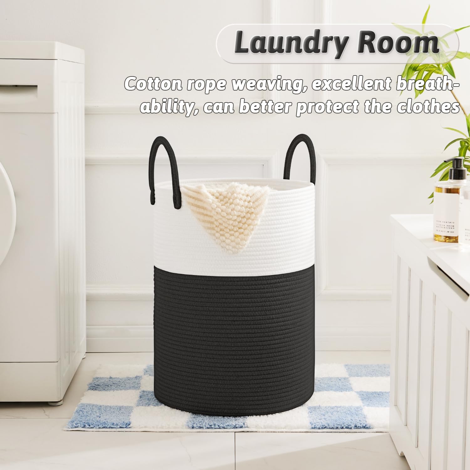 Laundry Basket / Woven Cotton Rope Laundry Hamper / Black / 60L