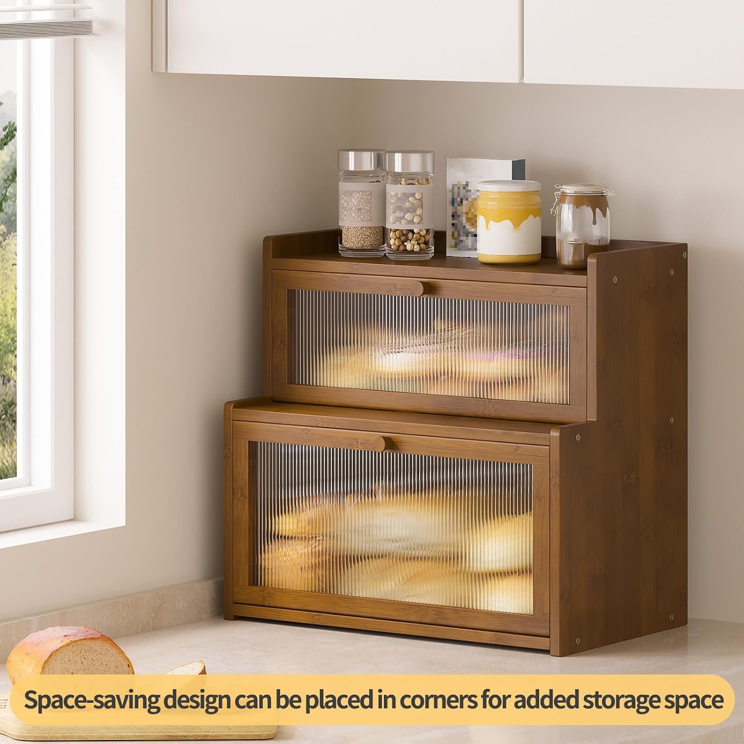 Double Layer Bamboo Bread Box for Kitchen Counter,Bread Holder,Countertop Bread Storage with Window (Brown)