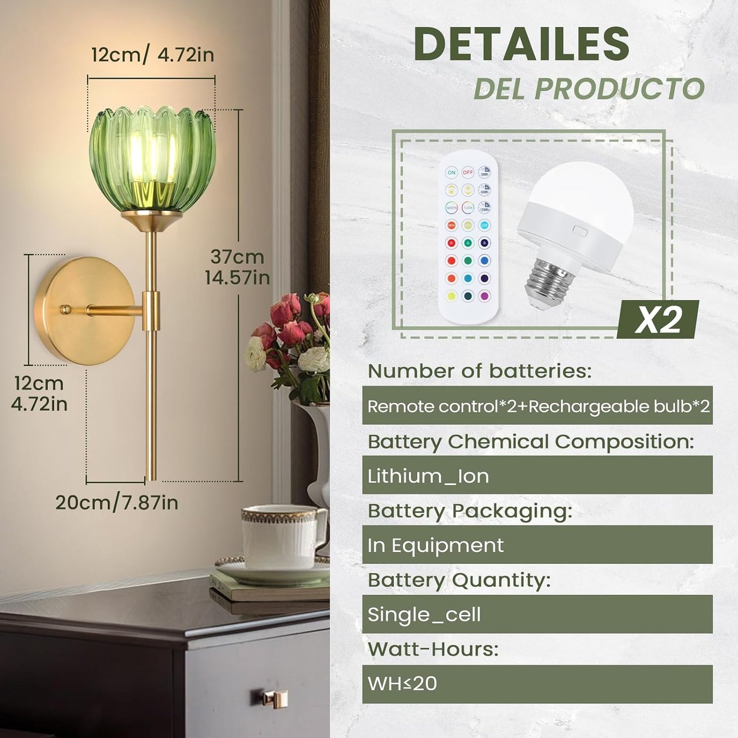 Vintage Battery Operated Wall Sconce Set of Two,Rechargeable Wall Lights with RGB Dimmable Detachable Bulbs and