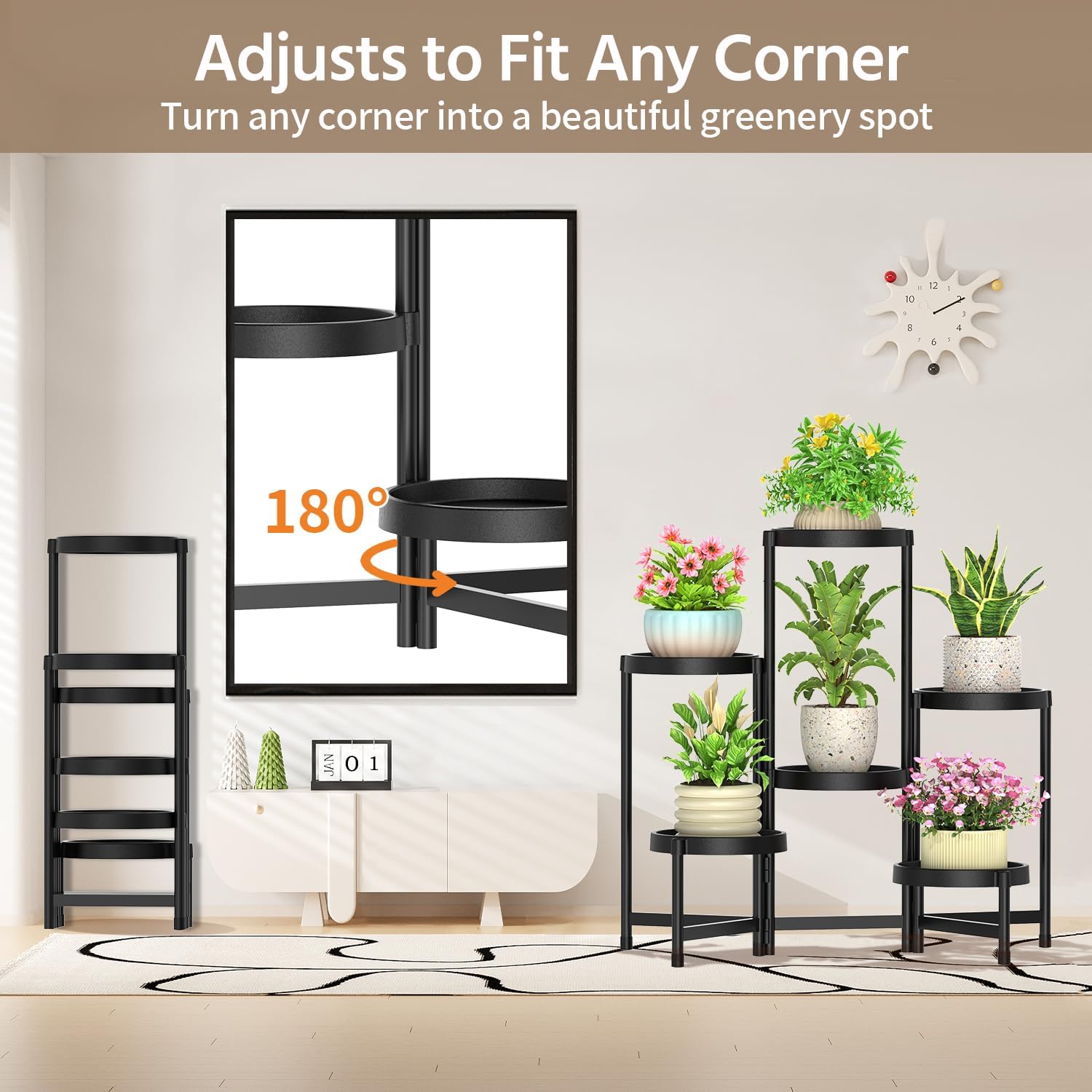 LASZOLA Plant Stand Indoor Outdoor Tall with Plastic Tray, 6 Tiers Black | Corner Folding Flower Display Rack, Modern