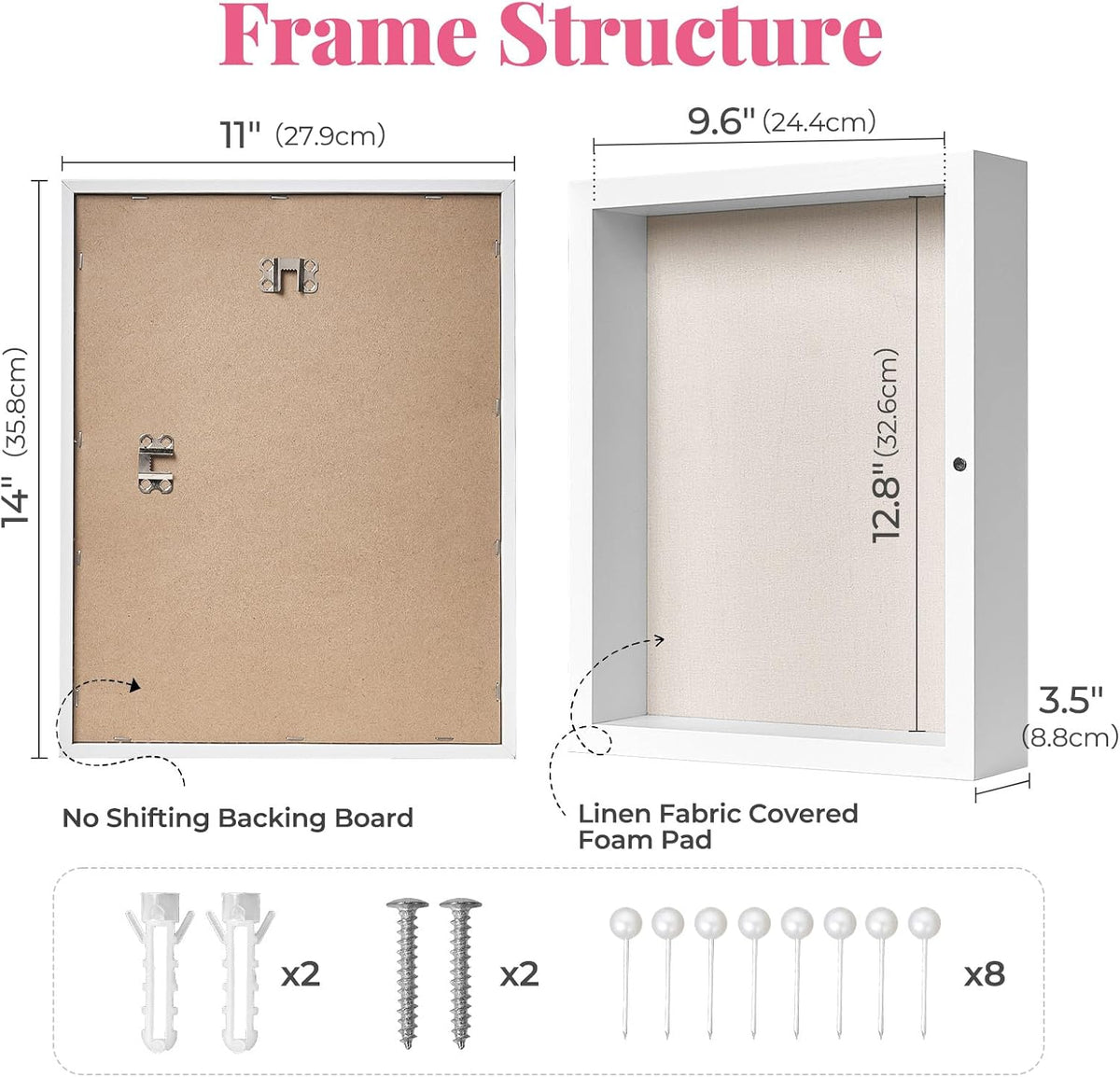 HOUSE DAY 11x14 Deep Shadow Box Frame with Linen Back, Pins, White | 2.4 in Usable Depth for Pet, Baby Keepsakes