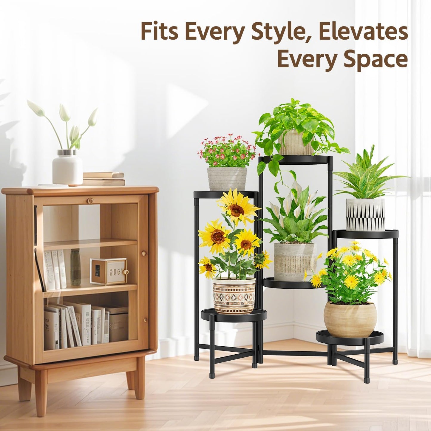 LASZOLA Plant Stand Indoor with 10 Inch Large Metal Tray, 6 Tier Black | Corner Tall Folding Flower Display Rack