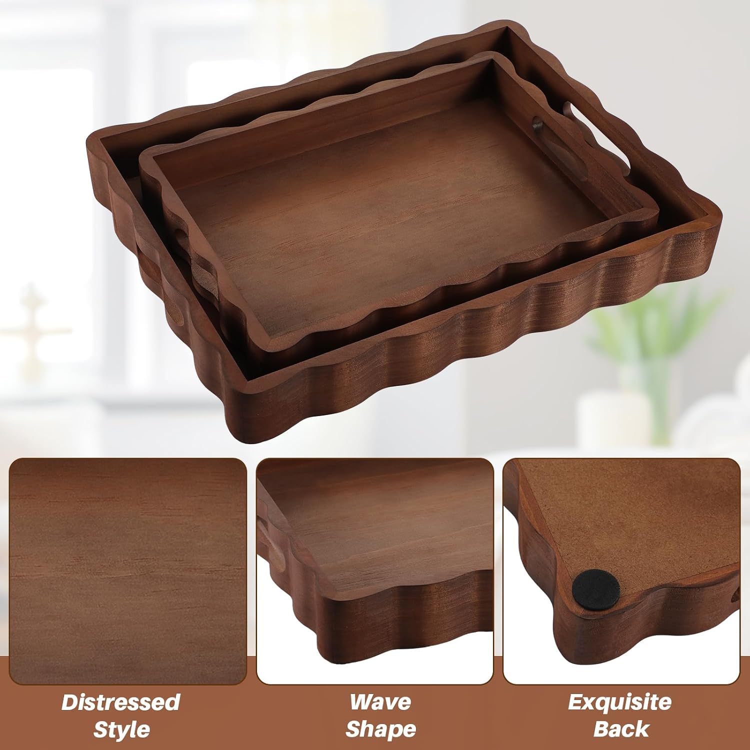 Solid Scalloped Wood Serving Trays / Set of 2