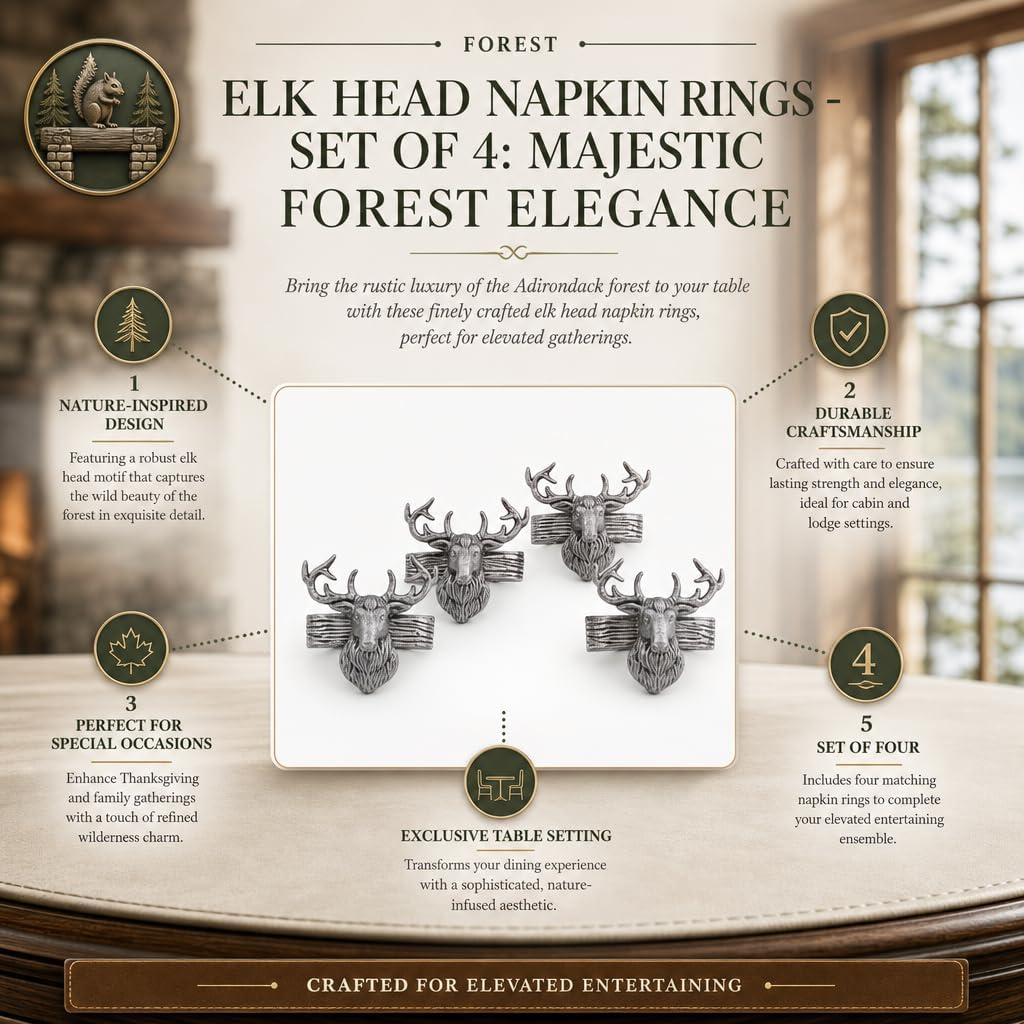 Arthur Court Elk Head Napkin Rings - Rustic Metal Set of 4 for Lodge Decor, Thanksgiving & Holiday Dining