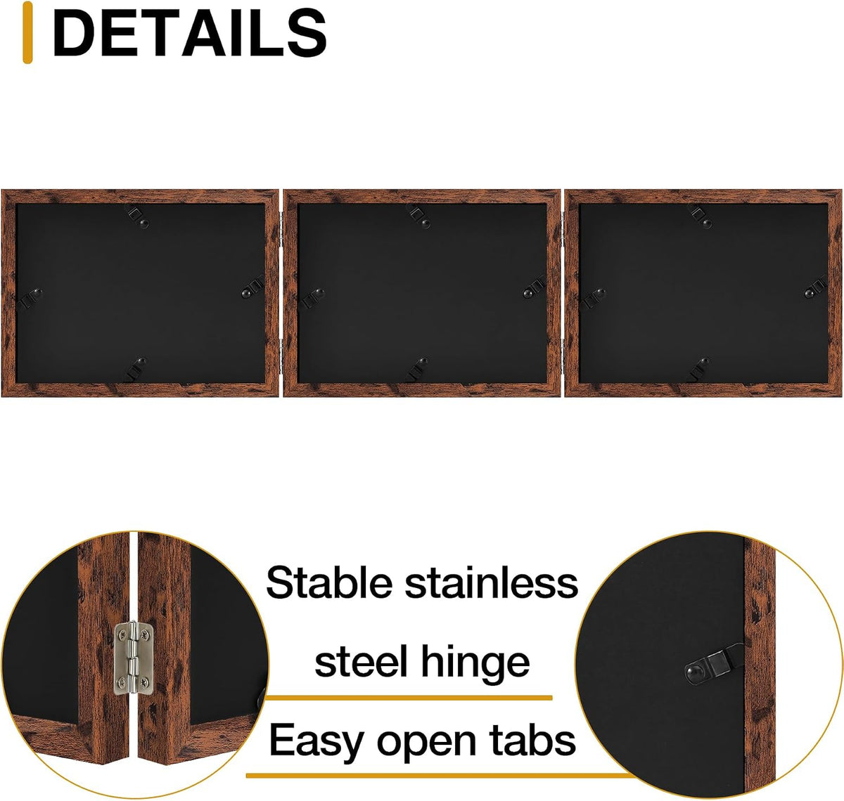 decorUhome Distressed Brown Triple 7x5 Picture Frame Horizontal, MDDBN08 | "Z" Shape Folding Design Engineered Wood