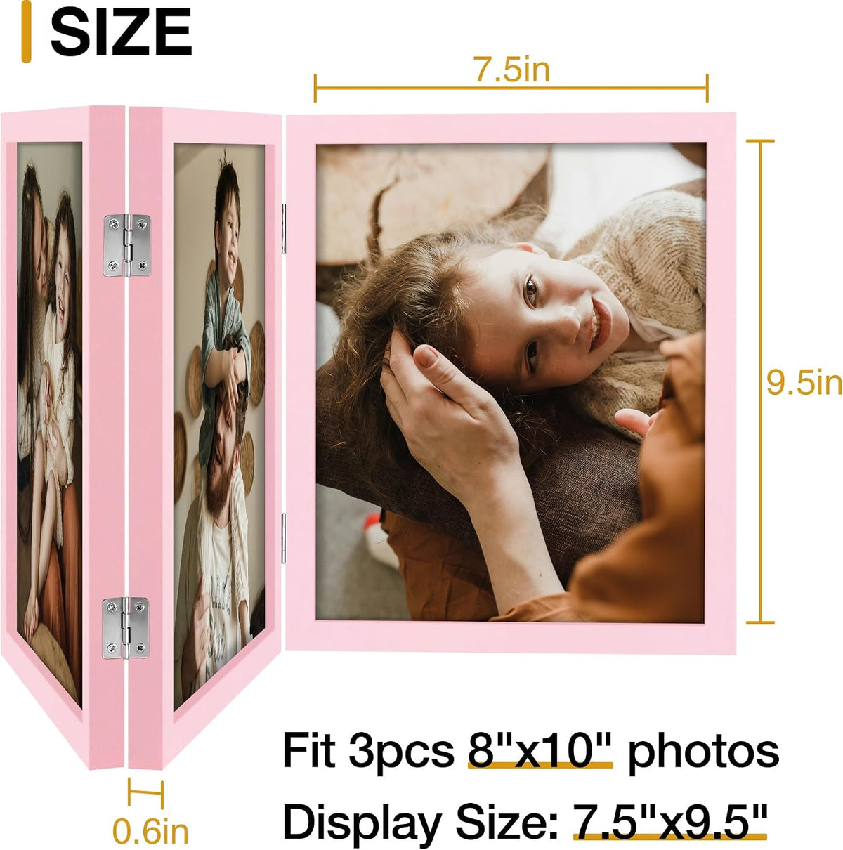 decorUhome Pink Triple 8x10 Picture Frame Vertical, MDPK08 | "Z" Shape Folding Design Engineered Wood Trifold Photo