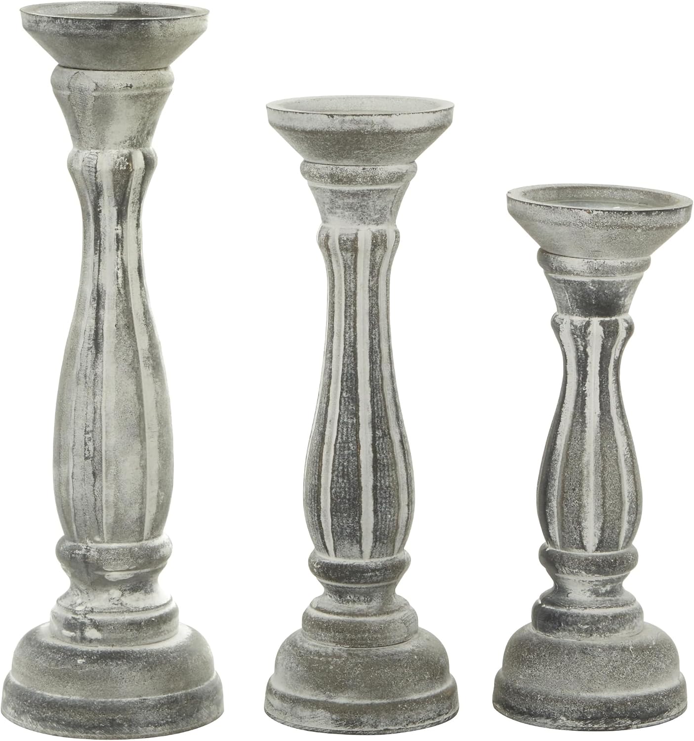Deco 79 Wooden Decorative Candle Holder Distressed Turned Candle Stand, Set of 3 Candlestick Holder 15", 13", 11"H, Gray