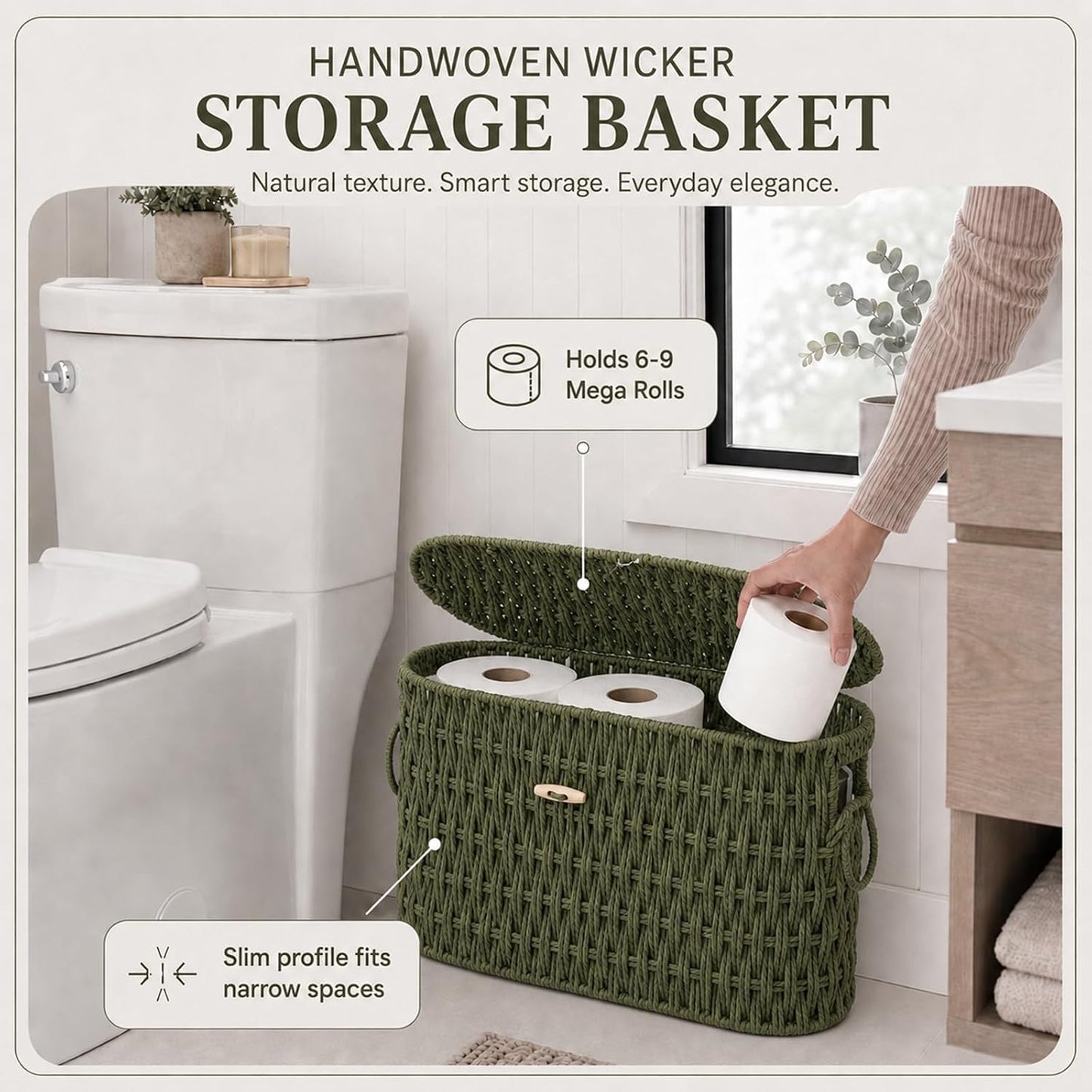 Lid and Built-in Handles Woven Bathroom Basket Toilet Paper / Sage Green / Modern / Wicker