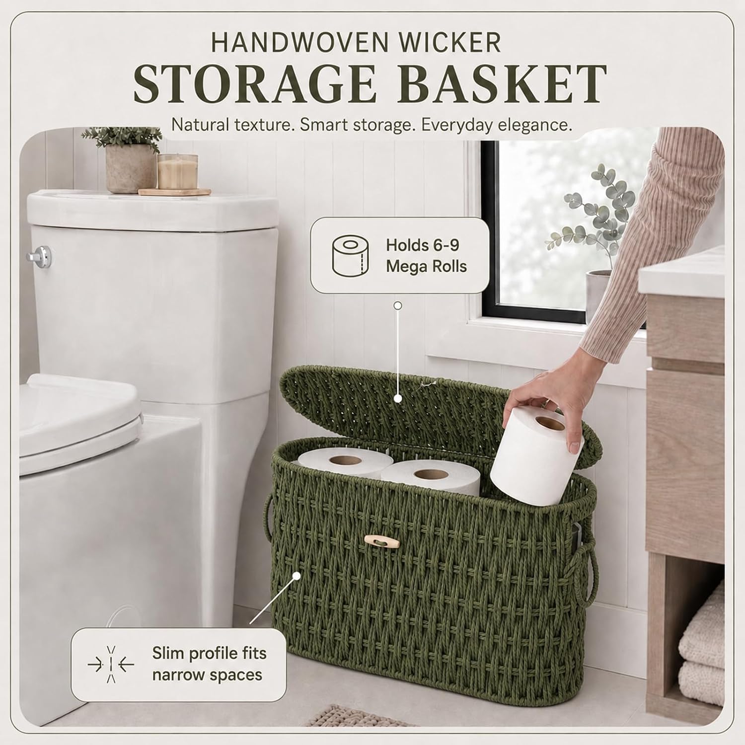 Lid and Built-in Handles Woven Bathroom Basket Toilet Paper / Sage Green / Modern / Wicker