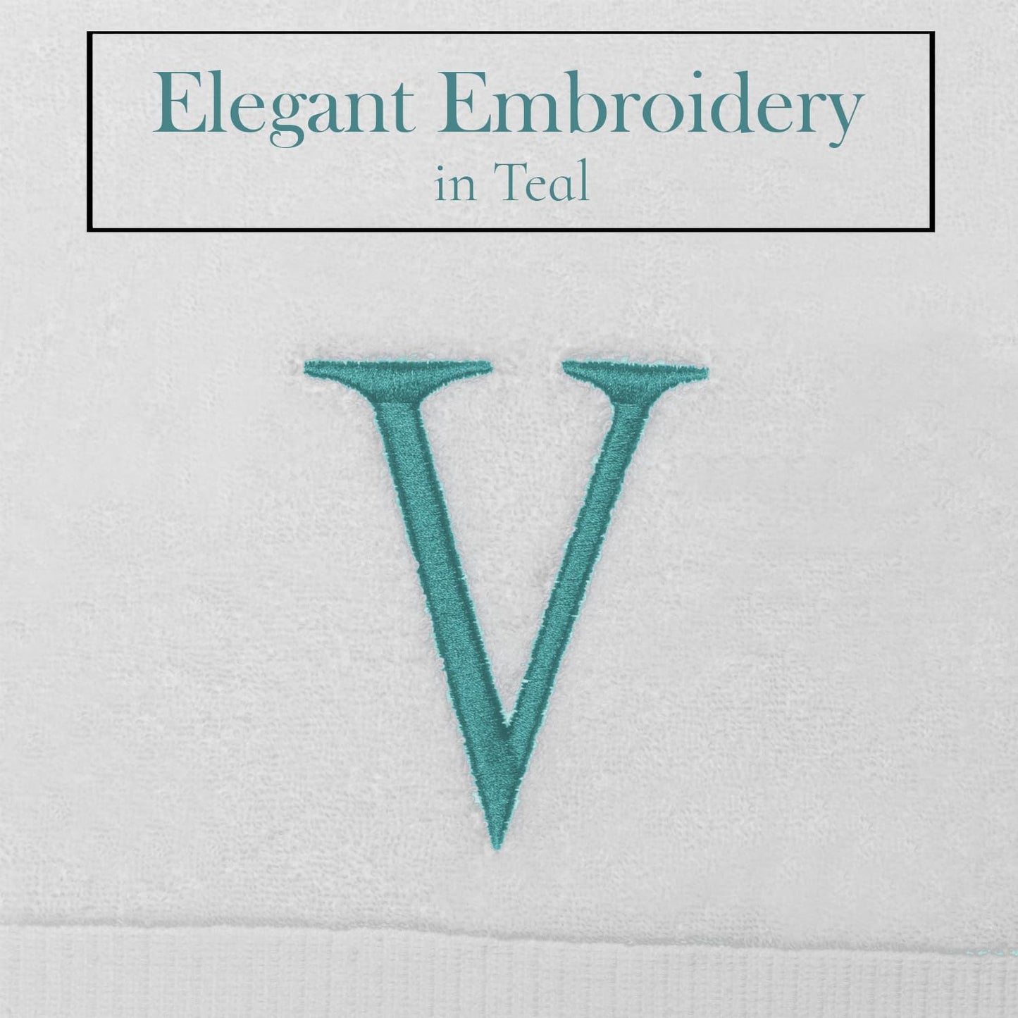 White with Teal Monogrammed Hand Towels for Bathroom - Set of 2 Letter V | Luxury Hotel Quality Initial Towels For