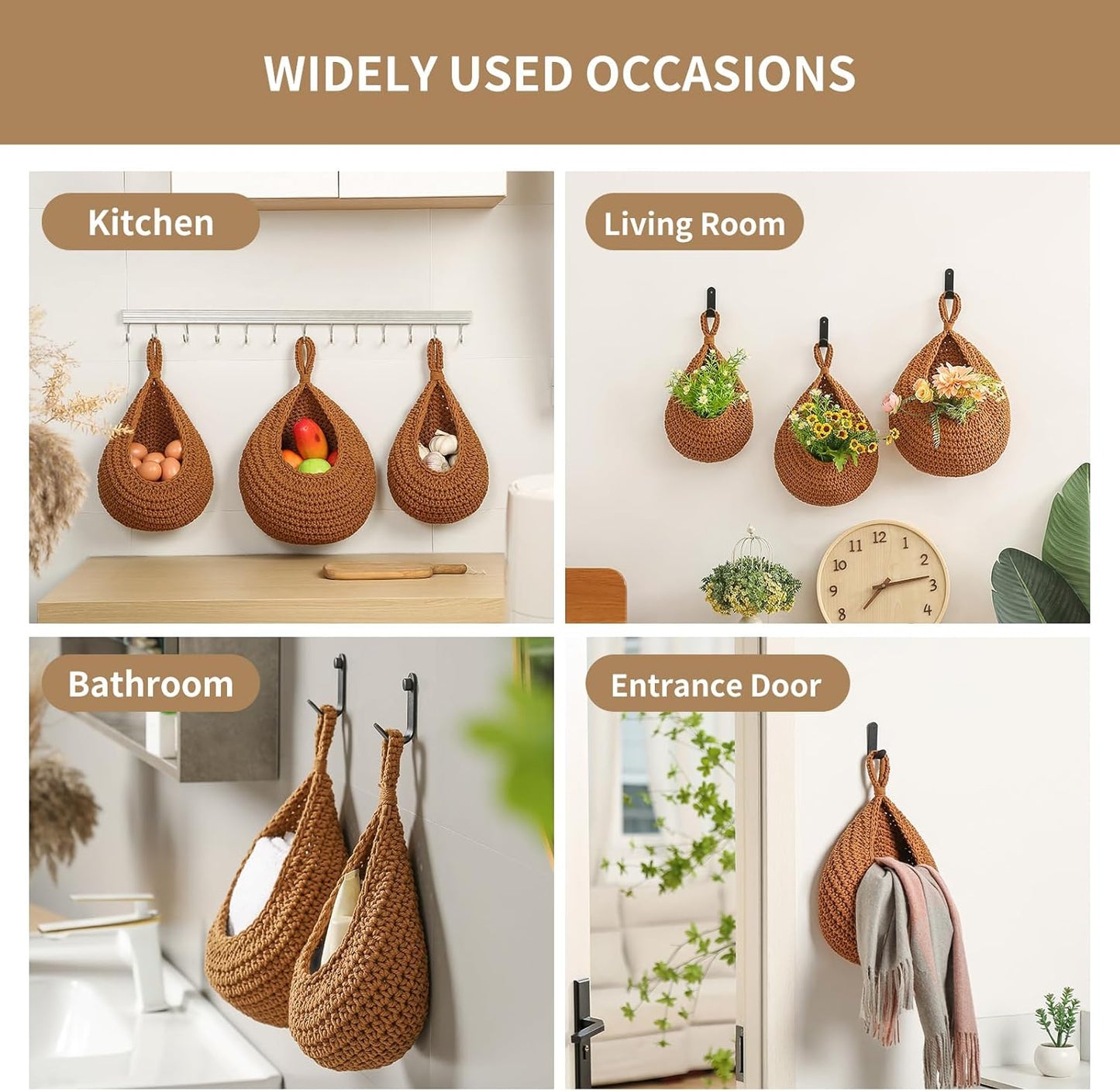 Boho Wall Hanging Fruit Baskets / Caramel / Set of 6