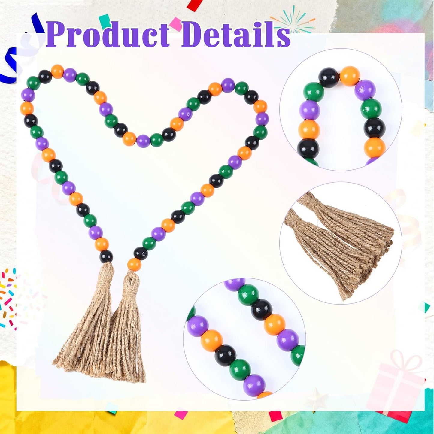 Seasonal Wooden Bead Garland / 3.3 ft / Set of 6