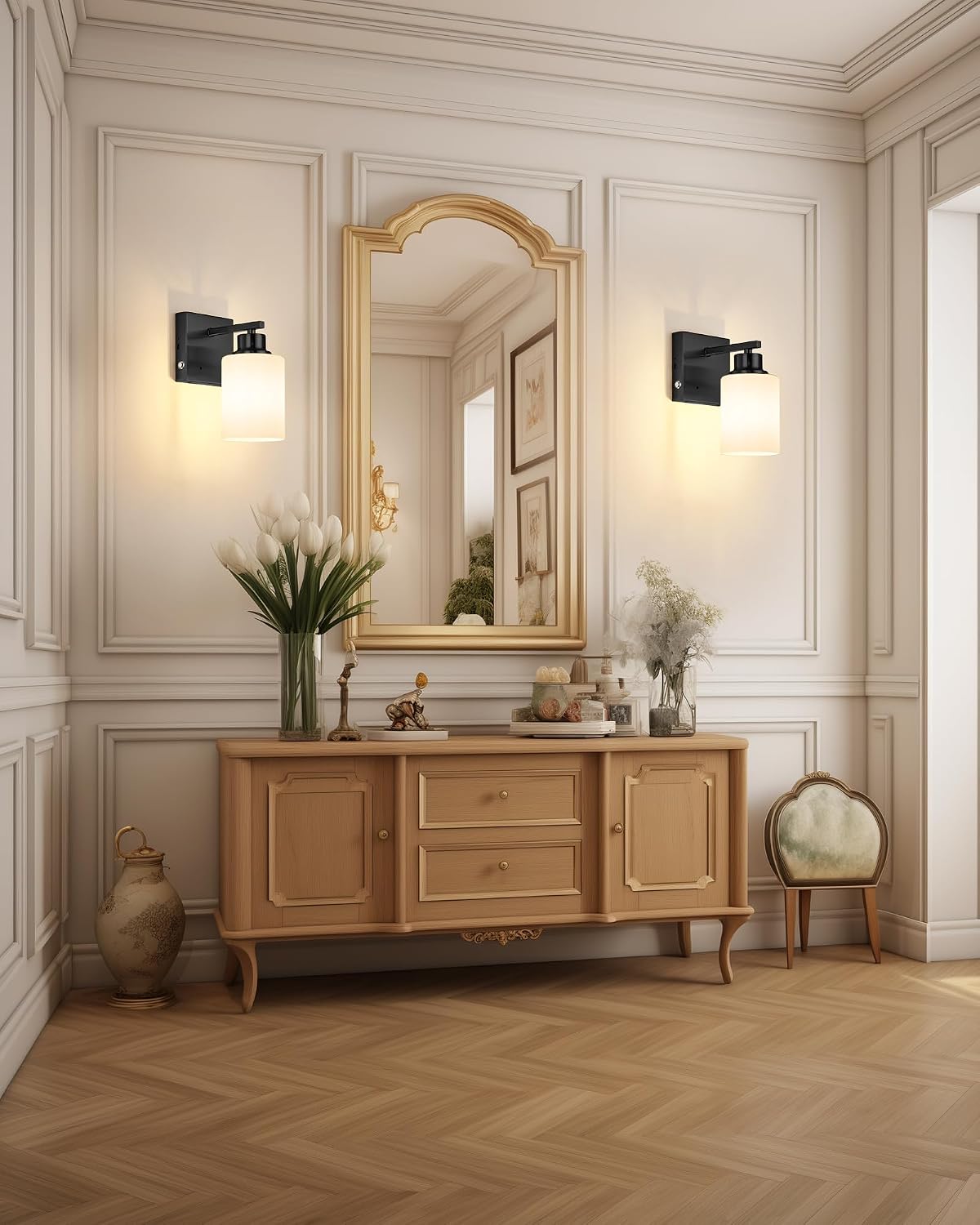 Wireless Battery Operated Wall Sconce Set of Two, Modern White Glass, Black | Dimmable, Easy Install Rechargeable Wall