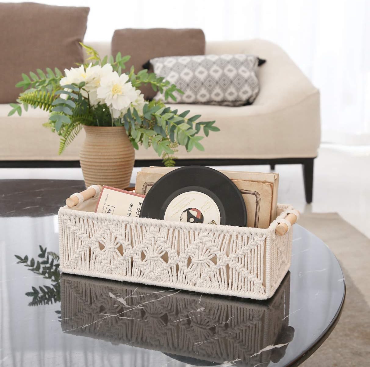 Macrame Storage Baskets Boho Decor Box Handmade Woven Decorative Countertop Toilet Tank / Ivory