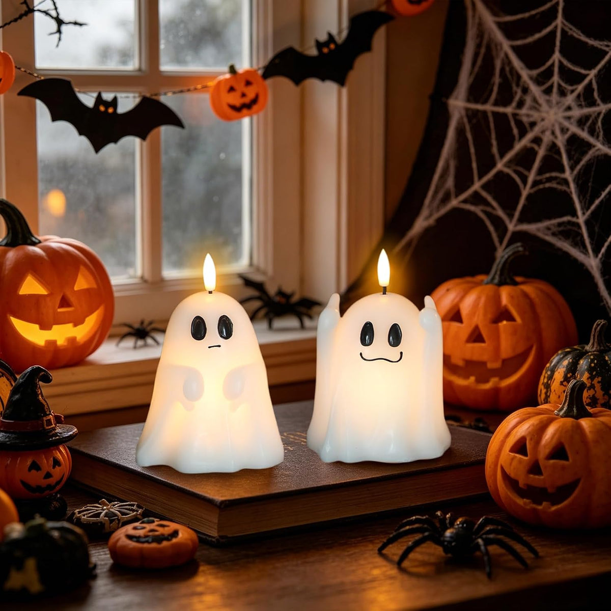 Wondise Spooky Ghost Halloween Flameless Candles with 6hrs Timer | Real Wax Battery Operated Candles 3D Flickering Wick