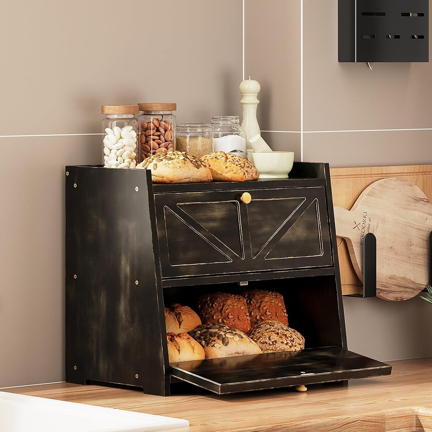Trironsun Vintage Double Layer Bread Box for Kitchen Counter Bamboo Bread Storage Container Large Capacity Bread