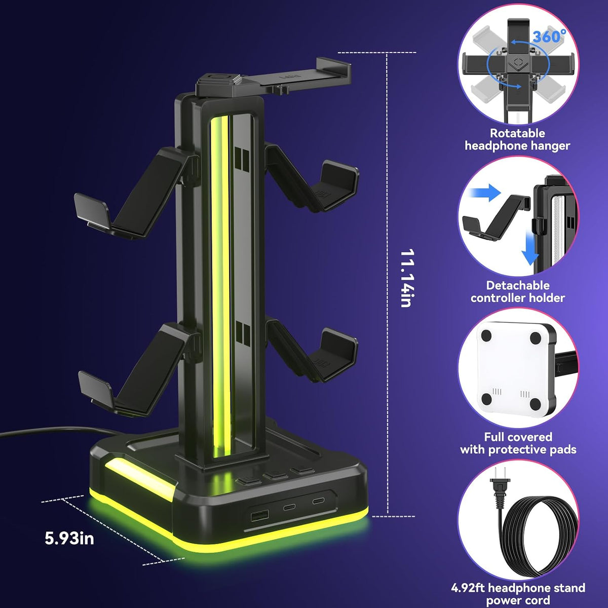 KDD RGB Gaming Headphone and Controller Stand with 2 Type-C and 1 USB Ports | Headset Stand with 9 Light Modes, Headset