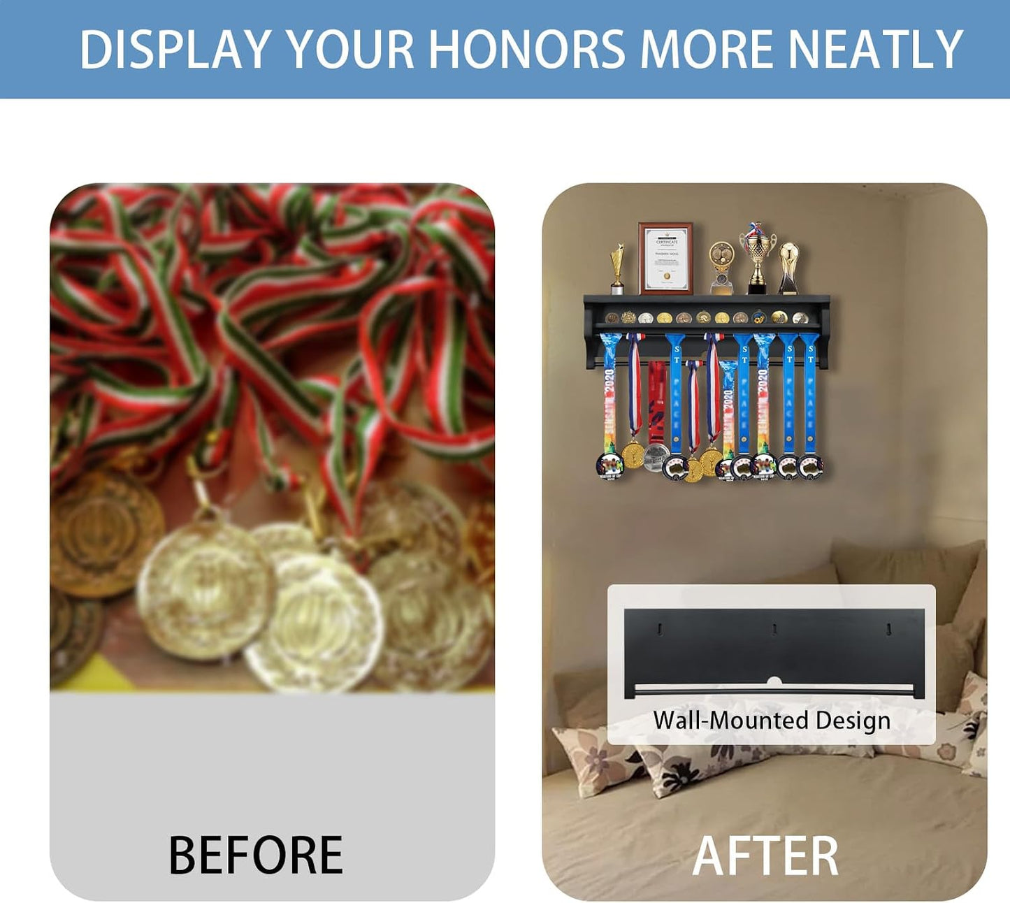 IHEIPYE Medal Hanger Display Shelf Medal Rack Display Holder Black | Solid Wood，Wall Mount, Runners, Marathon, Race