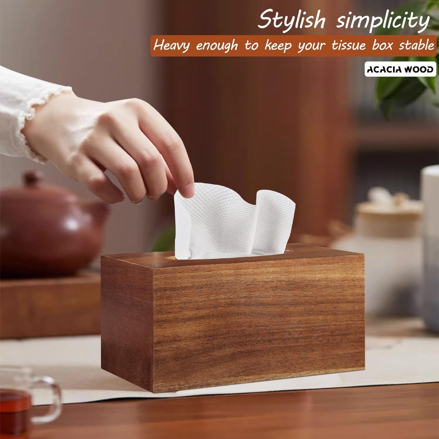 Acacia Wood Tissue Box Cover Rectangle / Brown