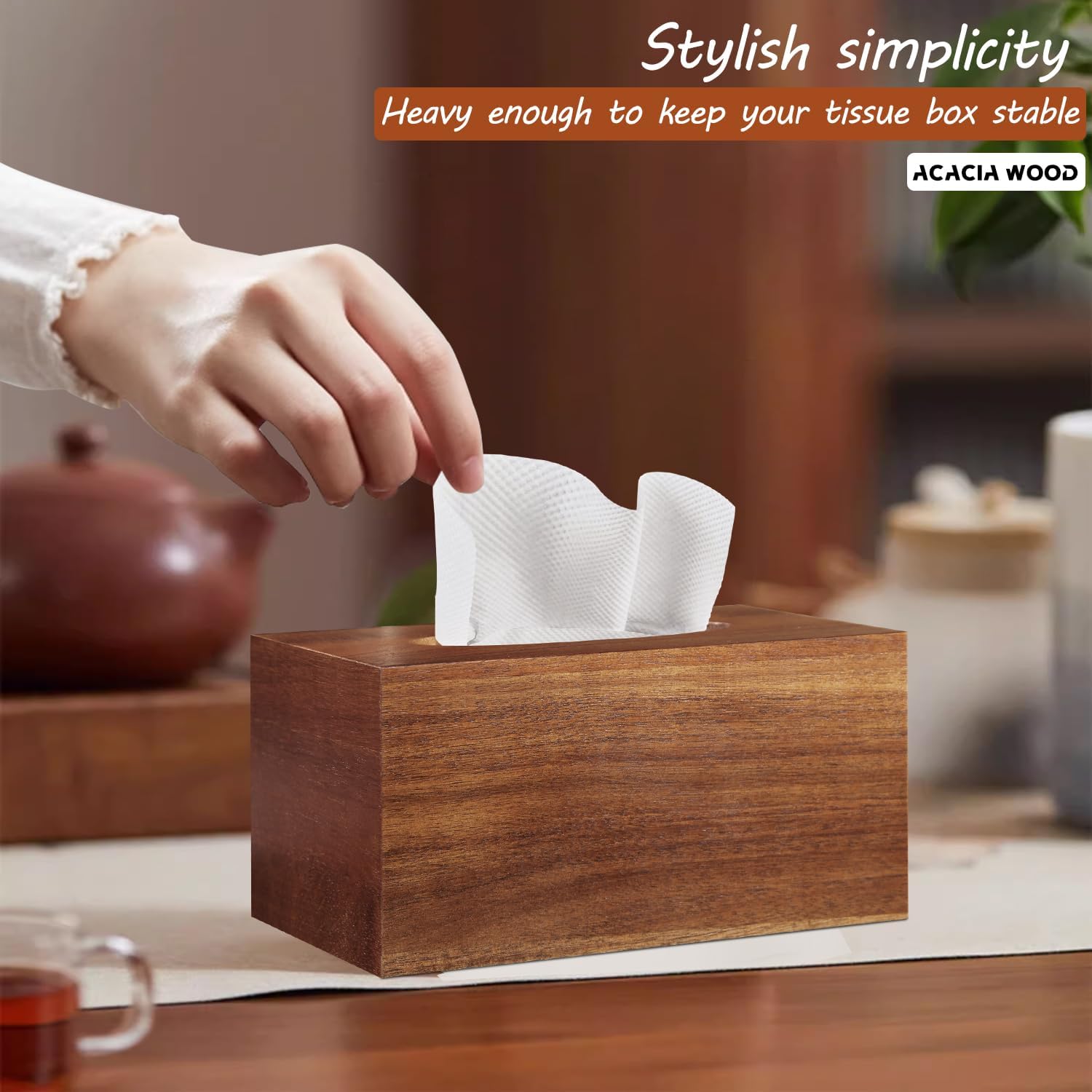 Acacia Wood Tissue Box Cover Rectangle / Brown