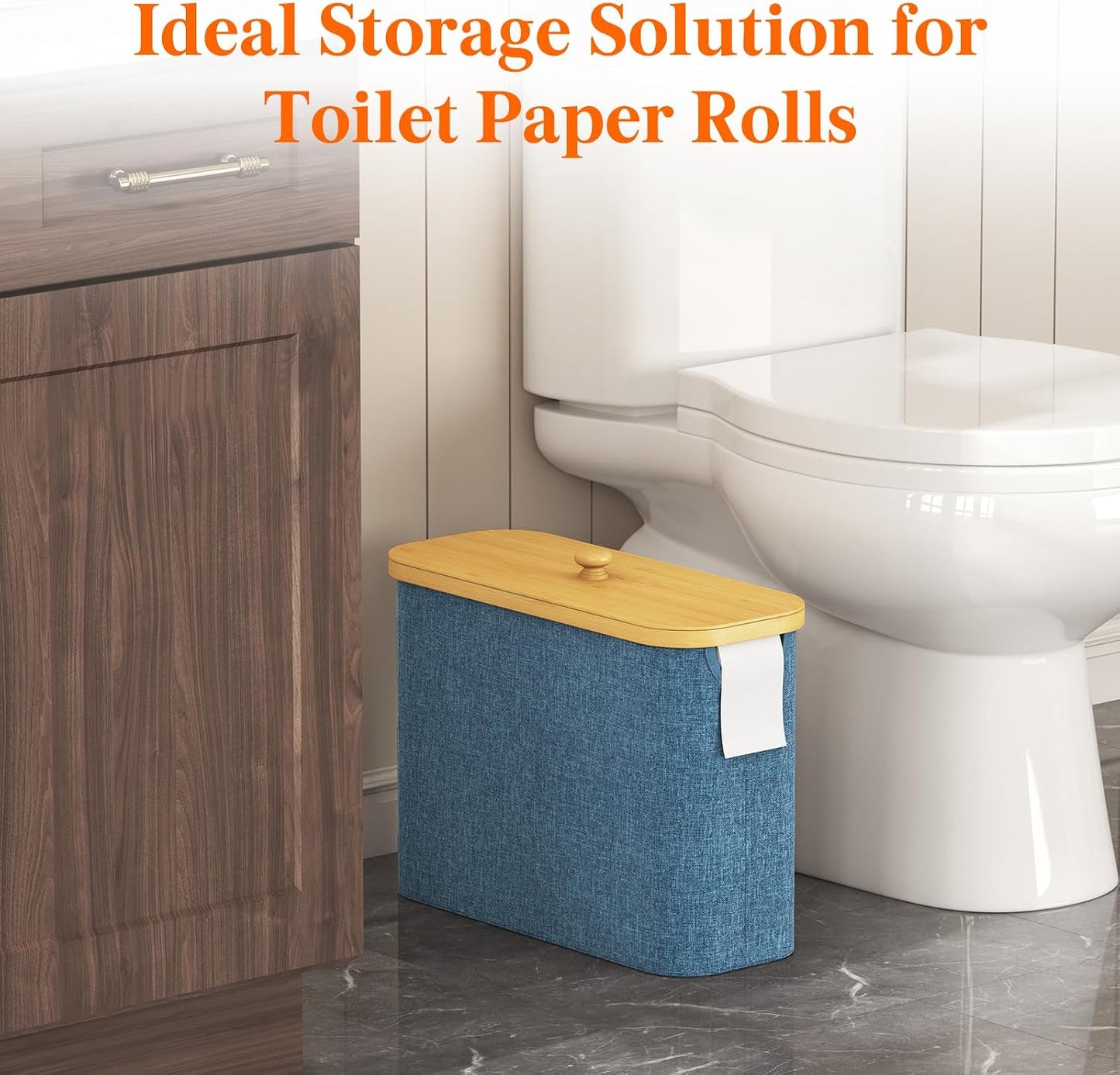 Lifewit Toilet Paper Storage Holder, Large Stand Basket, 23L, Dark Blue | 9 to 12 Rolls, Large Paper Stand with Bamboo
