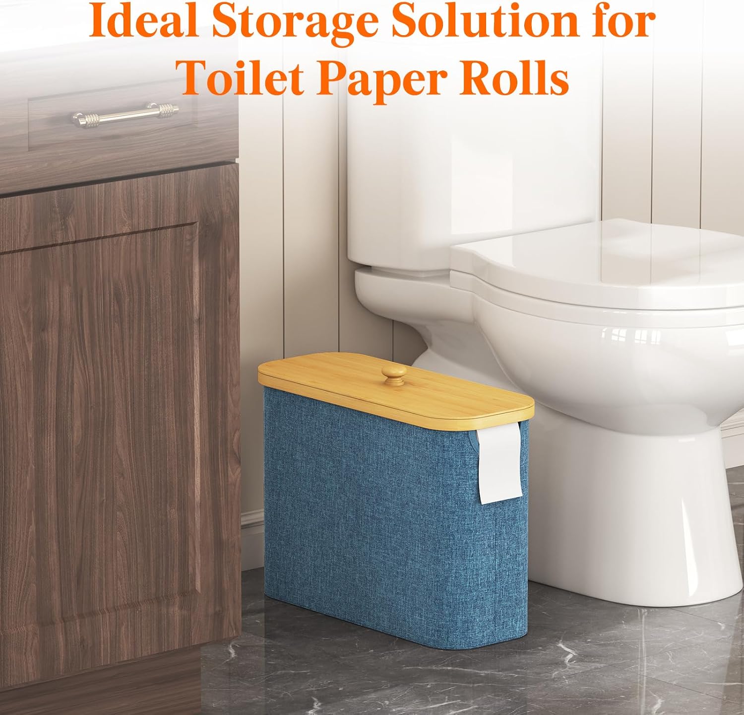 Lifewit Toilet Paper Storage Holder, Large Stand Basket, 23L, Dark Blue | 9 to 12 Rolls, Large Paper Stand with Bamboo