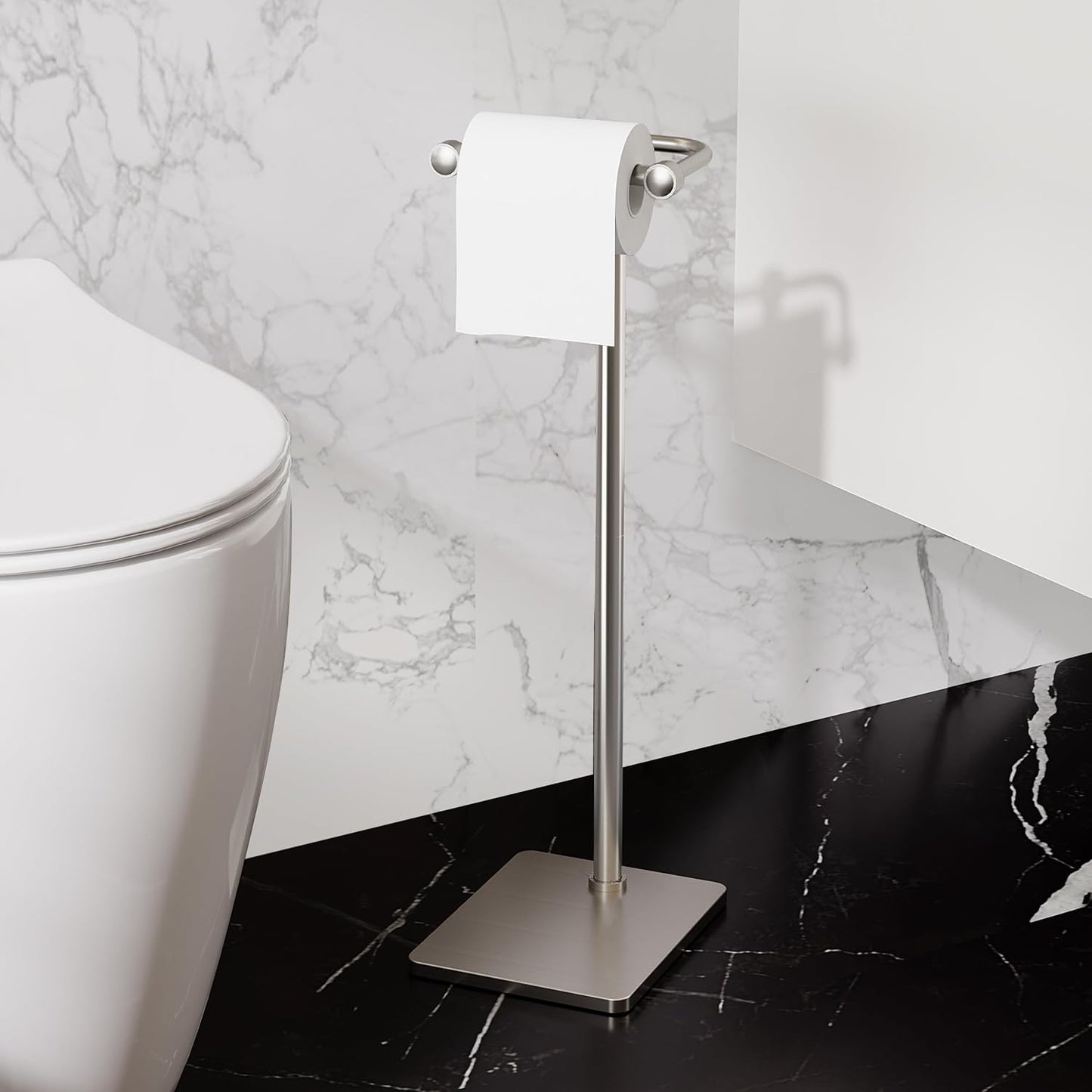 RUACQ Bathroom Toilet Paper Holder Stand, Brushed Nickel | Dual-Post Pivoting Free Standing Toilet Roll Holder with