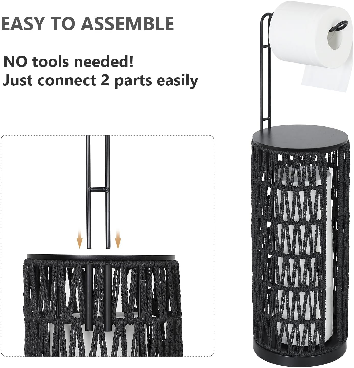 Black Freestanding Toilet Paper Holder with Storage,3 Rolls of Tissue Holder for Bathroom,Handmade Woven Toilet Paper