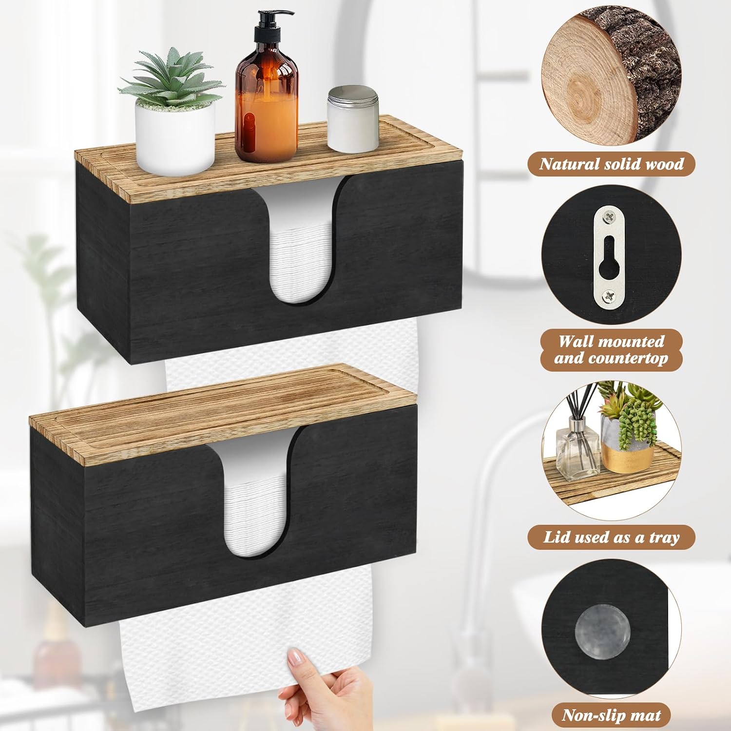 2 Pack Solid Wood Paper Towel Dispenser Wall Mounted, Folded Paper Towel Holder with Lid, Commercial C-Fold, Z-Fold