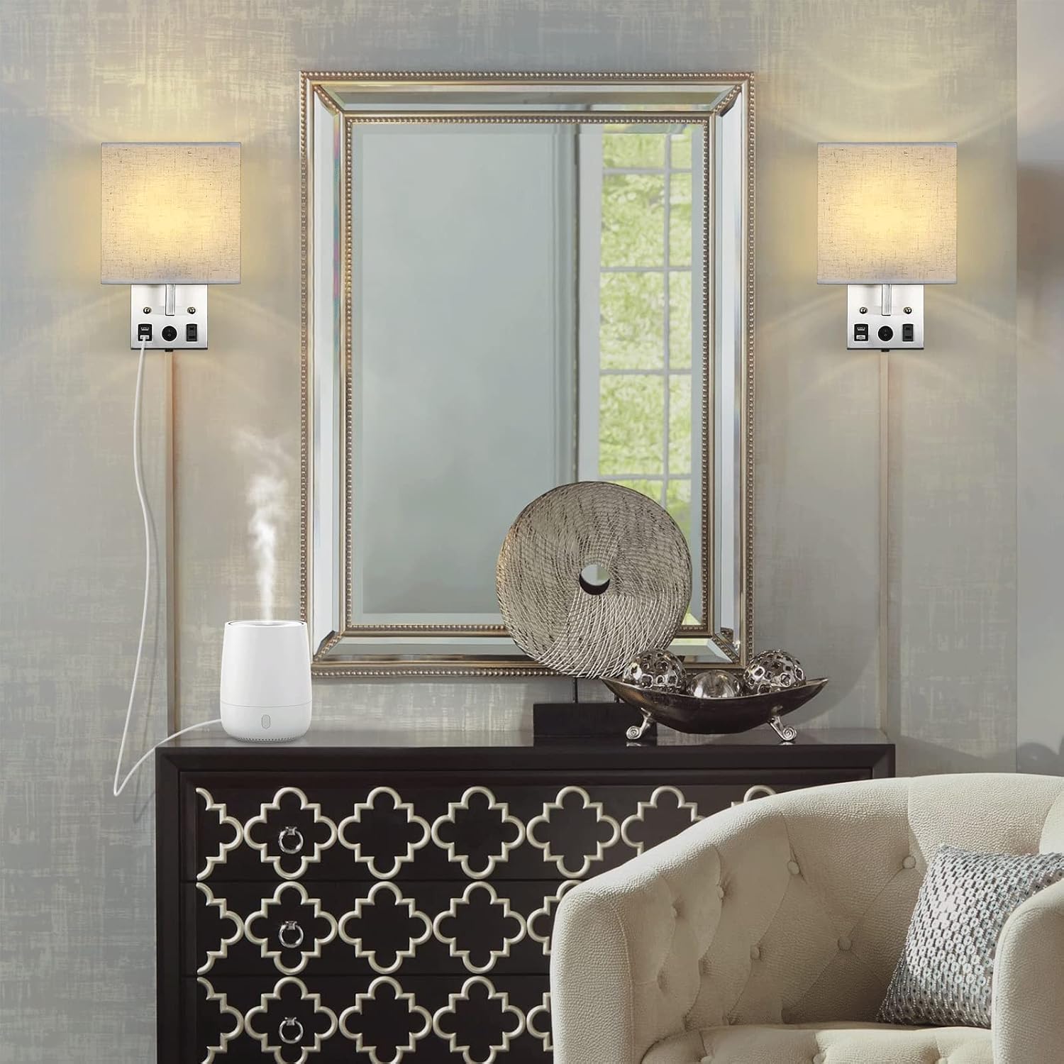 CADUKE Bedside Wall Lamp Set of 2, Plug in Wall Light with USB Charging Ports and AC Outlet Socket, Brushed Nickel