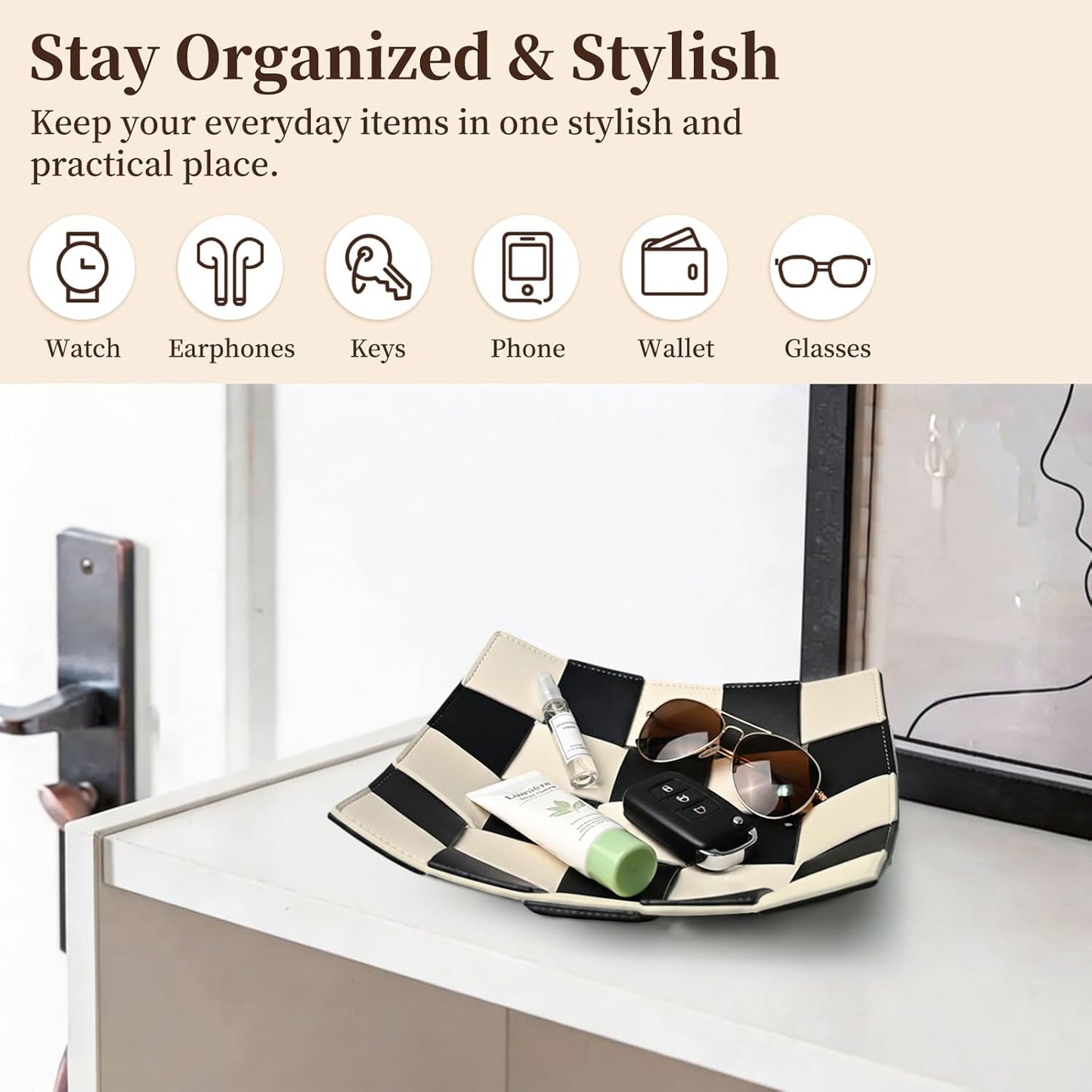Black and White Checkered Valet Tray PU Leather Key Holder Bowl / Black and White Checkerboard