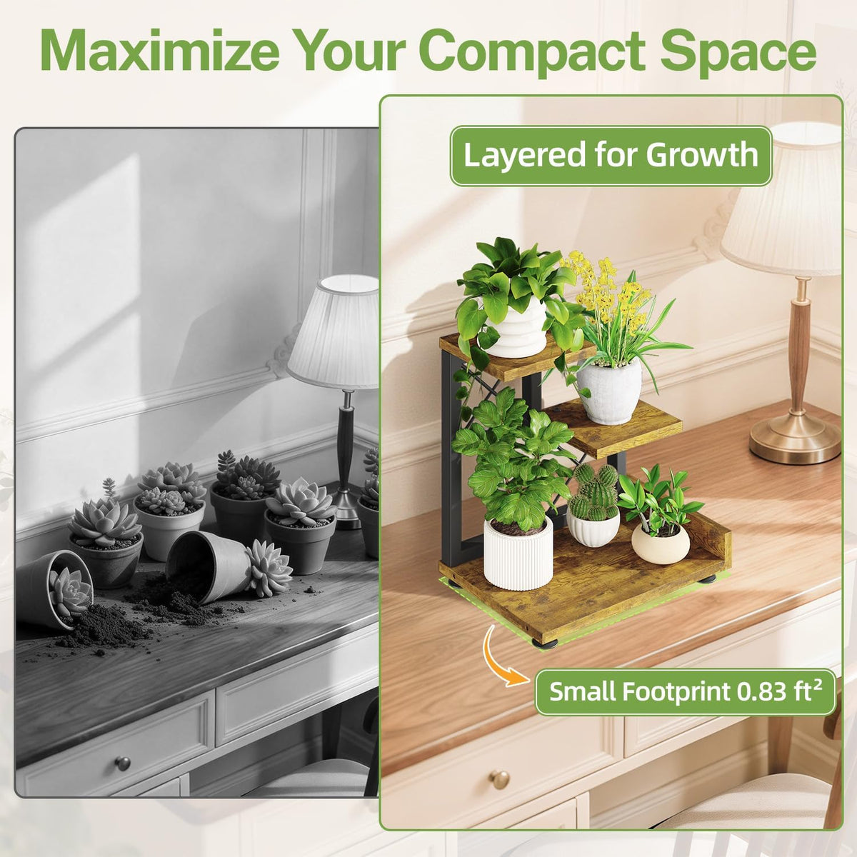 iDavosic.ly Table Top Small Plant Stand, Succulent Holder for Desk, Brown | 3 Tier Flower Pot Shelf for Desktop, Space