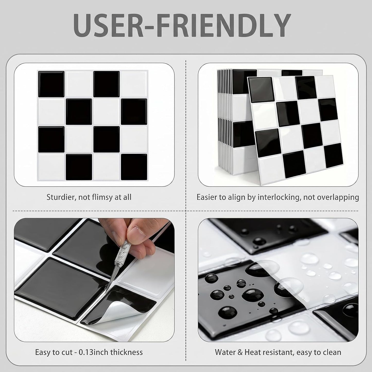 Peel and Stick Backsplash Subway Tiles / 10PC 9"L x 9"W / Checkered 1 / Black