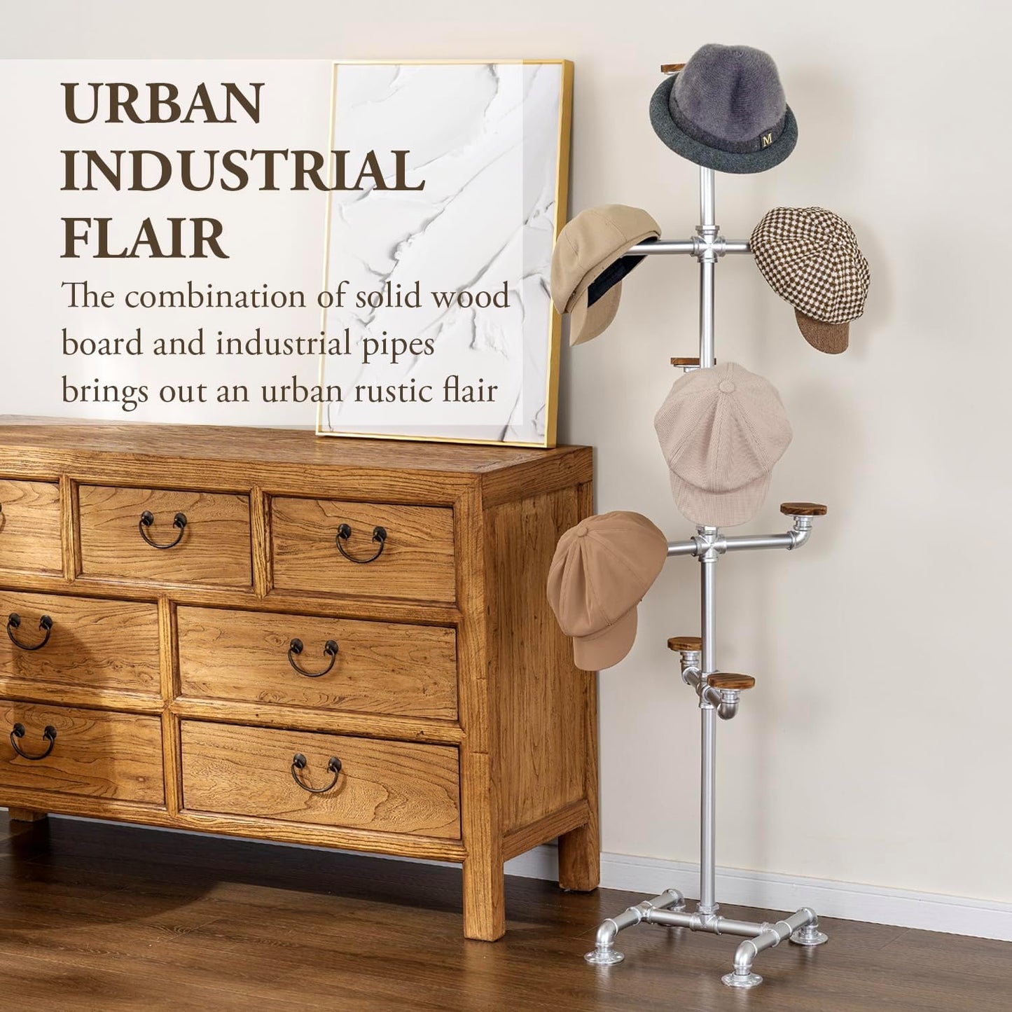 MyGift Cowboy Hat Rack Stand, 10 Wood Hangers, Silver Metal Tree | Ten rounded wooden pegs help preserve hat shape