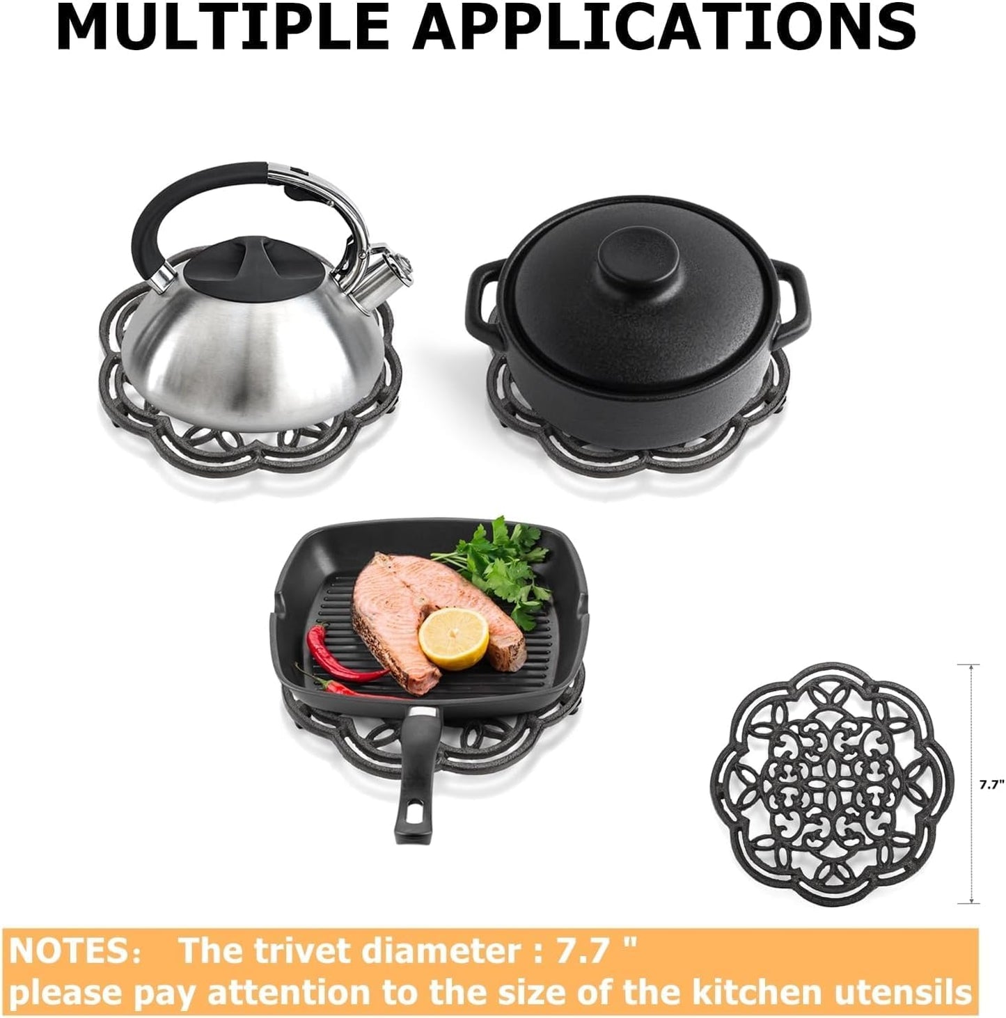 Yopay 2 Pack Cast Iron Trivet Heavy Duty, 7.7 inch Round Metal Trivet for Hot Pans or Teapot, Rustproof Pot Stands